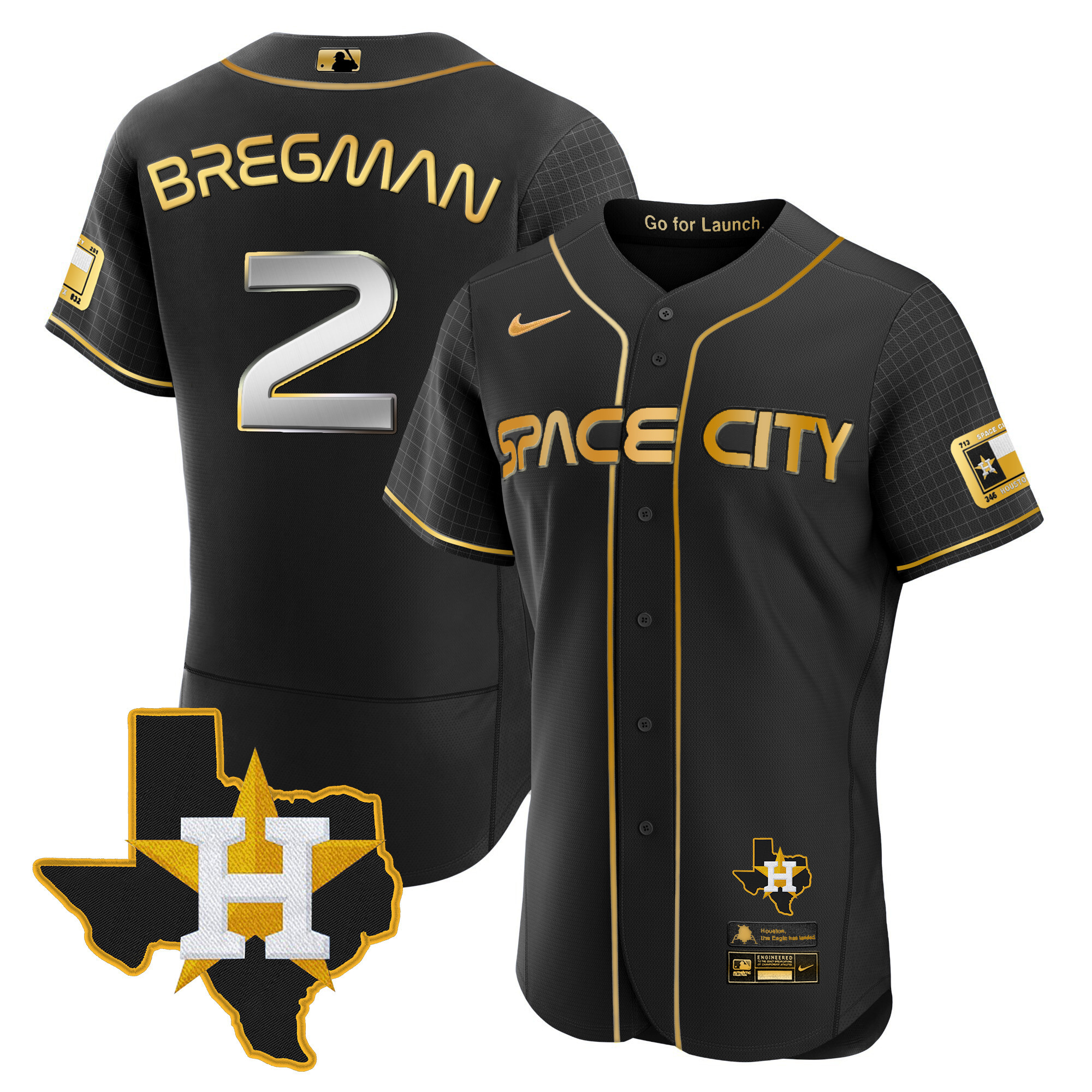 Alex Bregman Men's Houston Astros 2024 Space City Flex Base - Texas Patch Black Gold Jersey - All Stitched