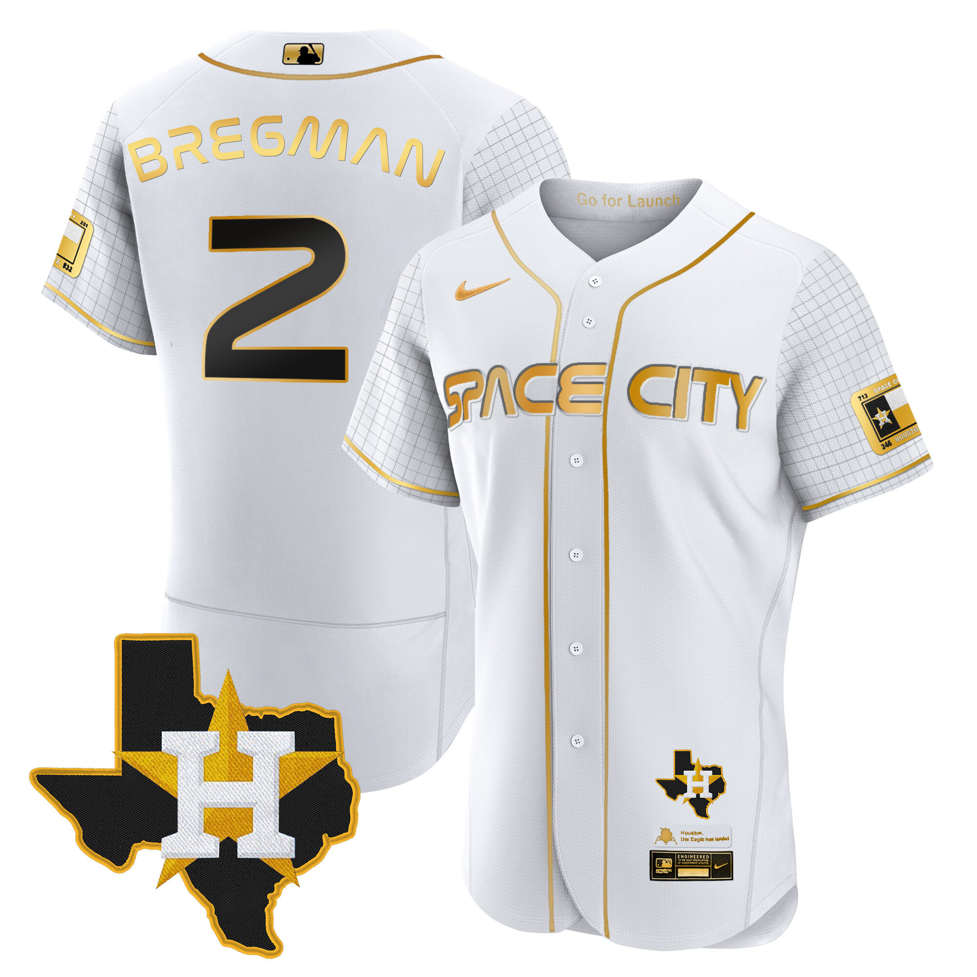 Alex Bregman Men's Houston Astros 2024 Space City Flex Base - Texas Patch White Gold Jersey - All Stitched
