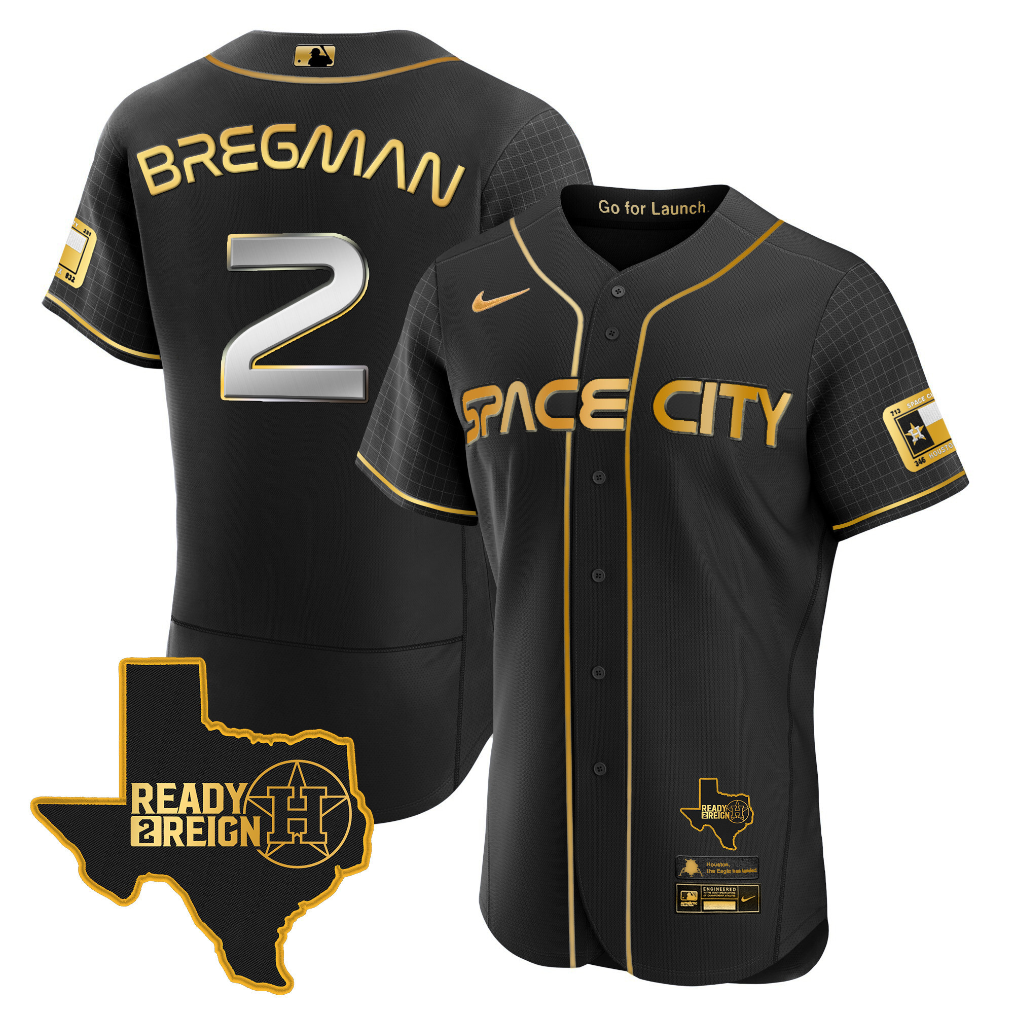Alex Bregman Men's Houston Astros 2024 Space City Ready 2 Reign Flex Base Black Gold Jersey - All Stitched