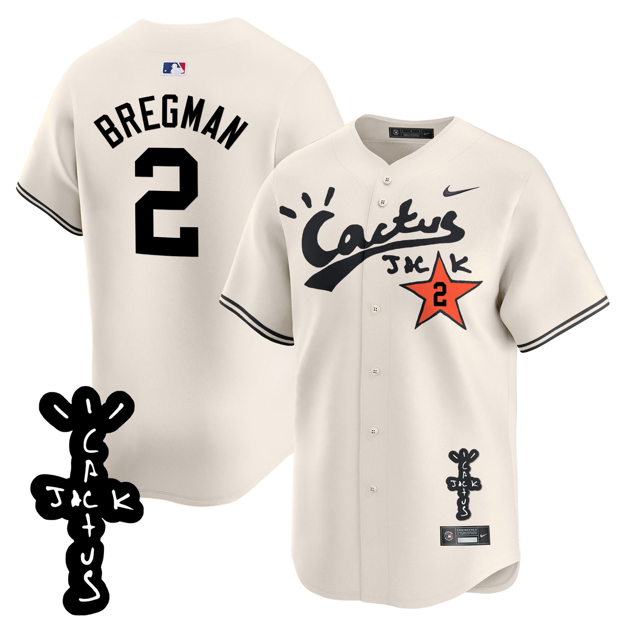 Alex Bregman Men's Houston Astros Cactus Jack Patch Vapor Premier Limited V2 Cream Jersey - All Stitched