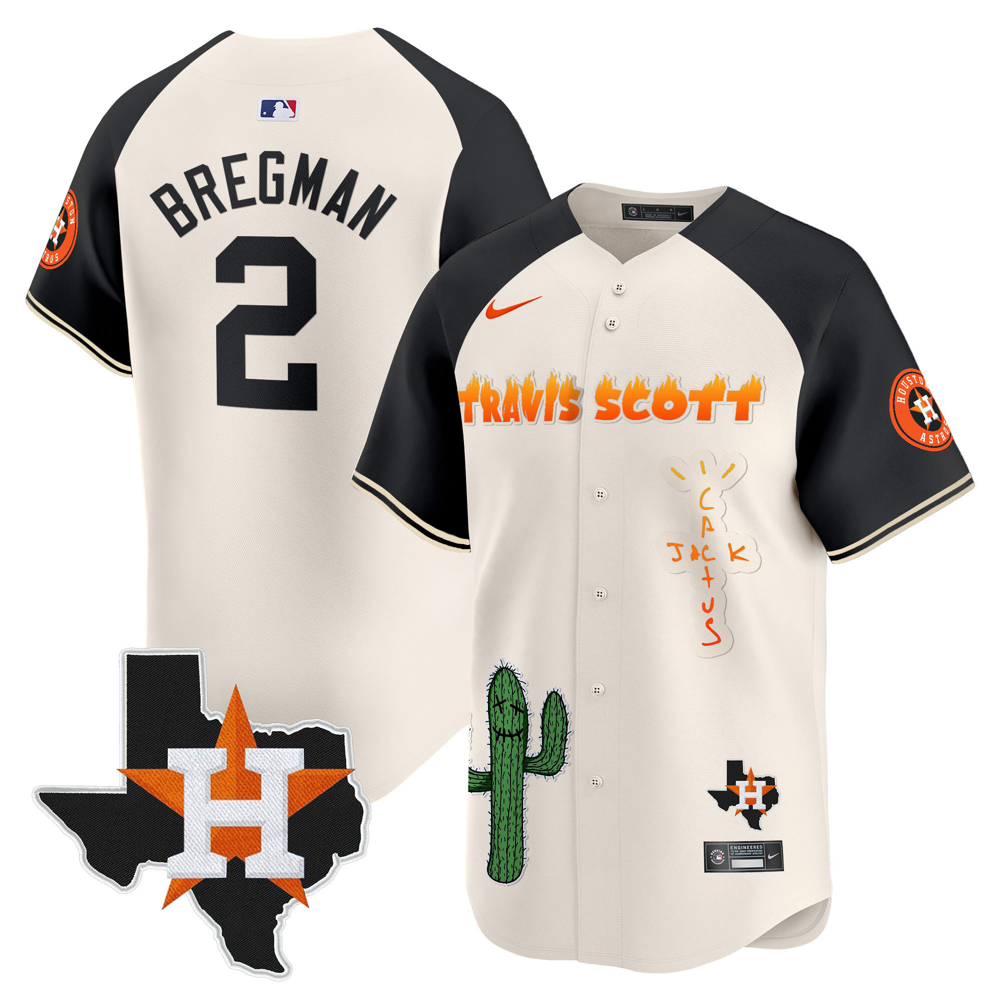 Alex Bregman Men's Houston Astros Cactus Jack Patch Vapor Premier Limited V9 Cream Alternate Jersey - All Stitched