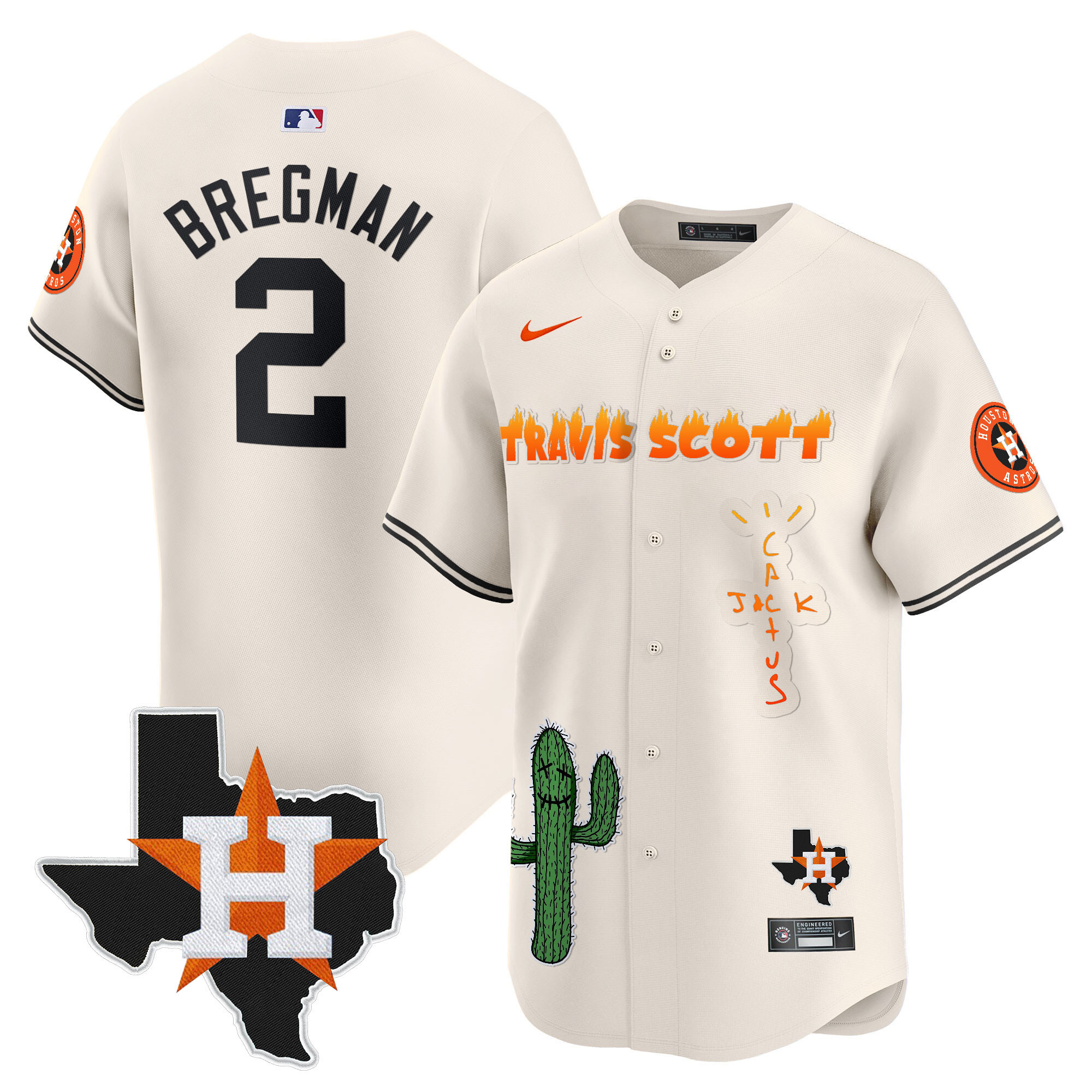 Alex Bregman Men's Houston Astros Cactus Jack Patch Vapor Premier Limited V9 Cream Jersey - All Stitched