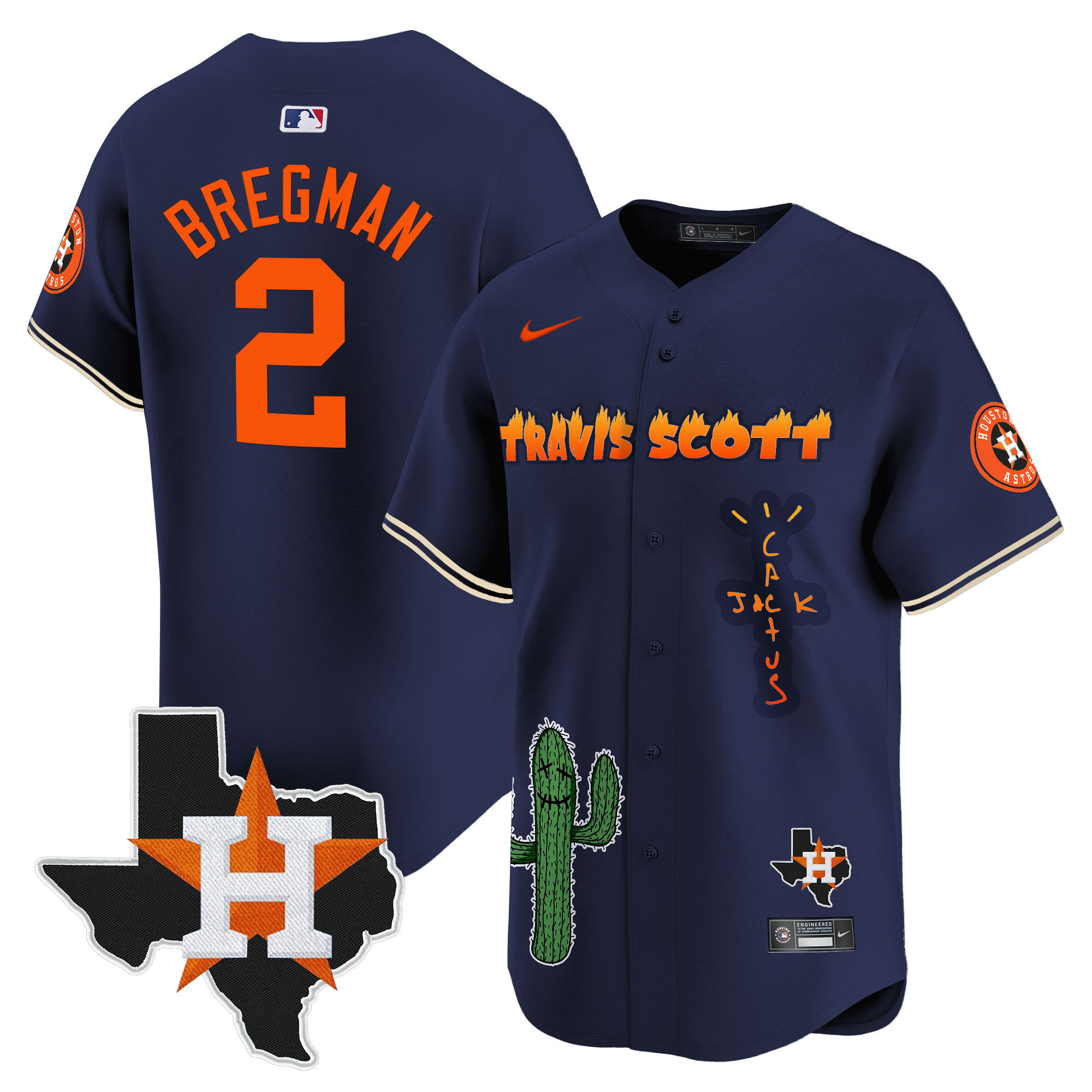 Alex Bregman Men's Houston Astros Cactus Jack Patch Vapor Premier Limited V9 Navy Jersey - All Stitched