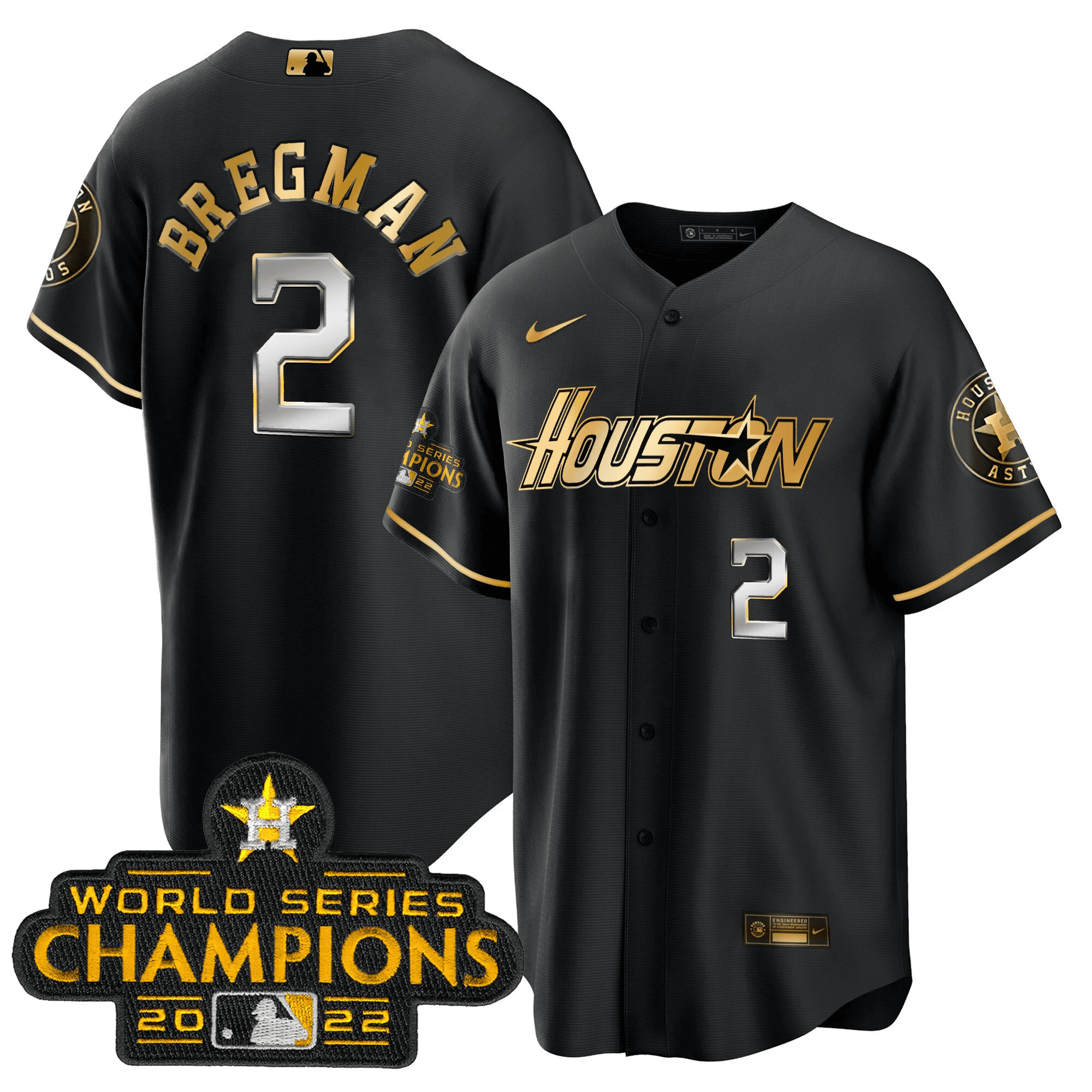 Alex Bregman Men's Houston Astros Gray & Gold 2023 Champions Patch Cool Black Jersey - All Stitched