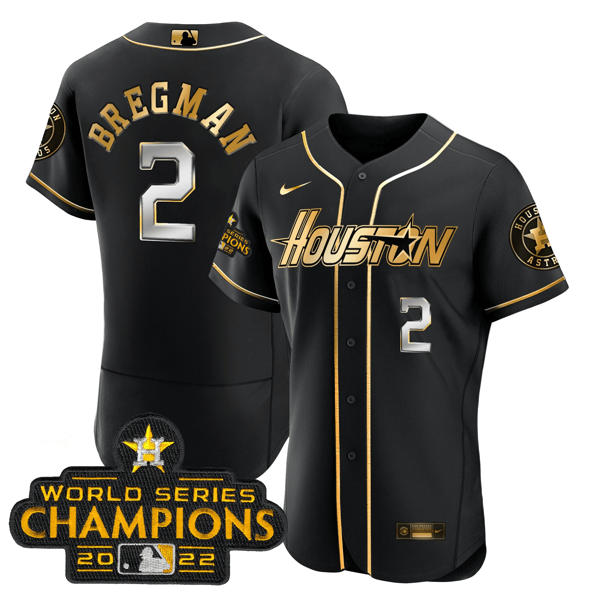 Alex Bregman Men's Houston Astros Gray & Gold 2023 Champions Patch Flex Black Jersey - All Stitched