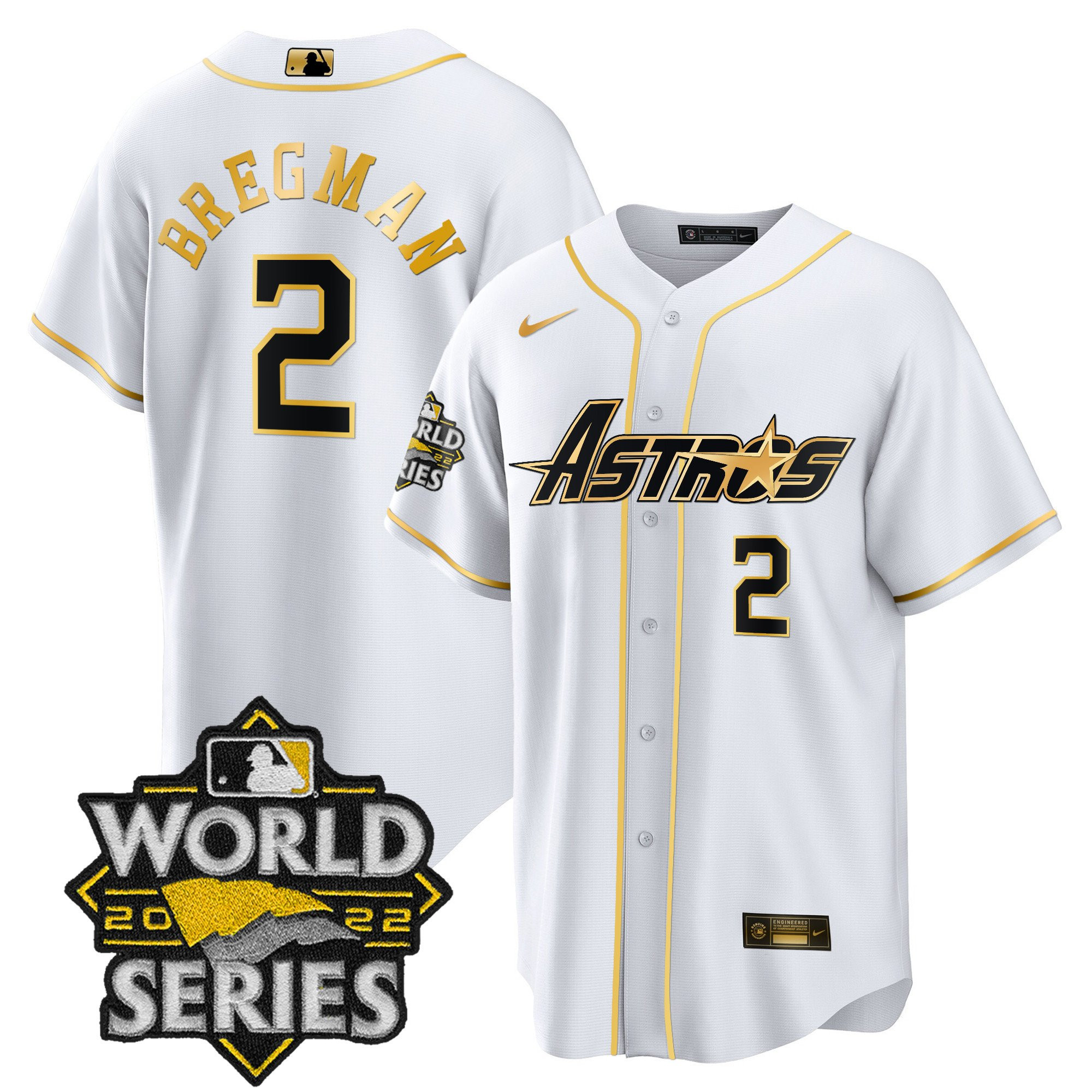 Alex Bregman Men's Houston Astros World Series & Throwback Patch Gold Cool White Jersey - All Stitched