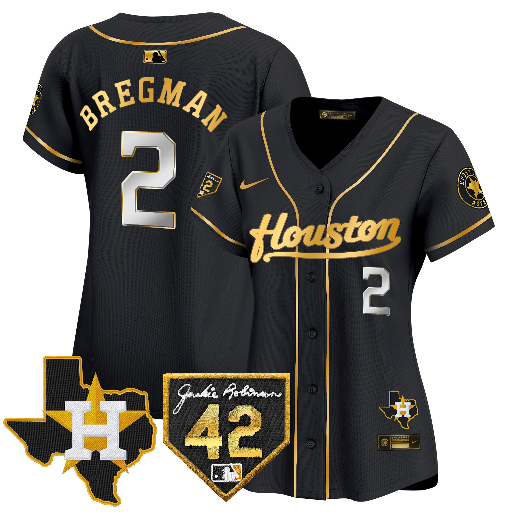 Alex Bregman Women's Houston Astros 2024 Jackie Robinson Patch Vapor Premier Limited Black Gold Jersey - All Stitched