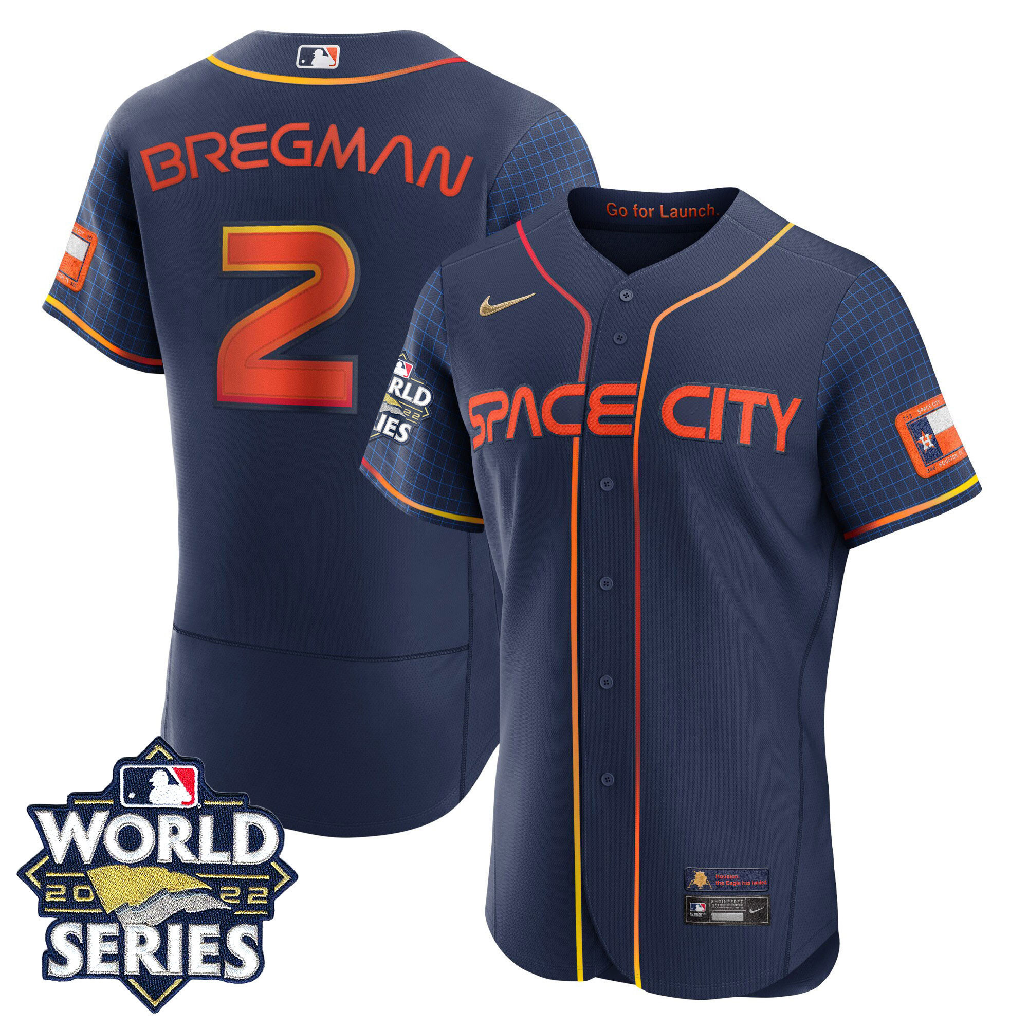 Alex Bregman Youth's Houston Astros Space City Gold 2022 World Series Flex Navy Jersey - All Stitched