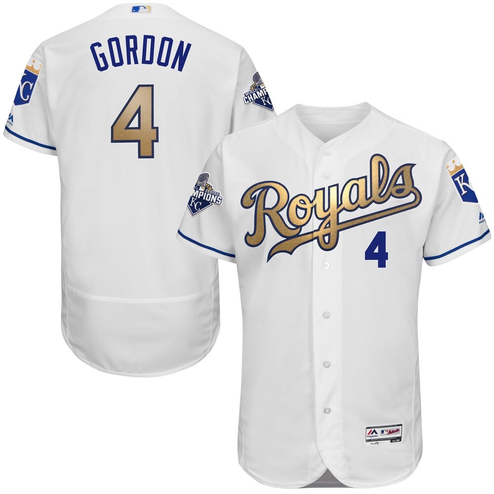 Alex Gordon Kansas City Royals Majestic Home 2015 World Series Champions Gold Program Flex Base Player Stitched Jersey – White