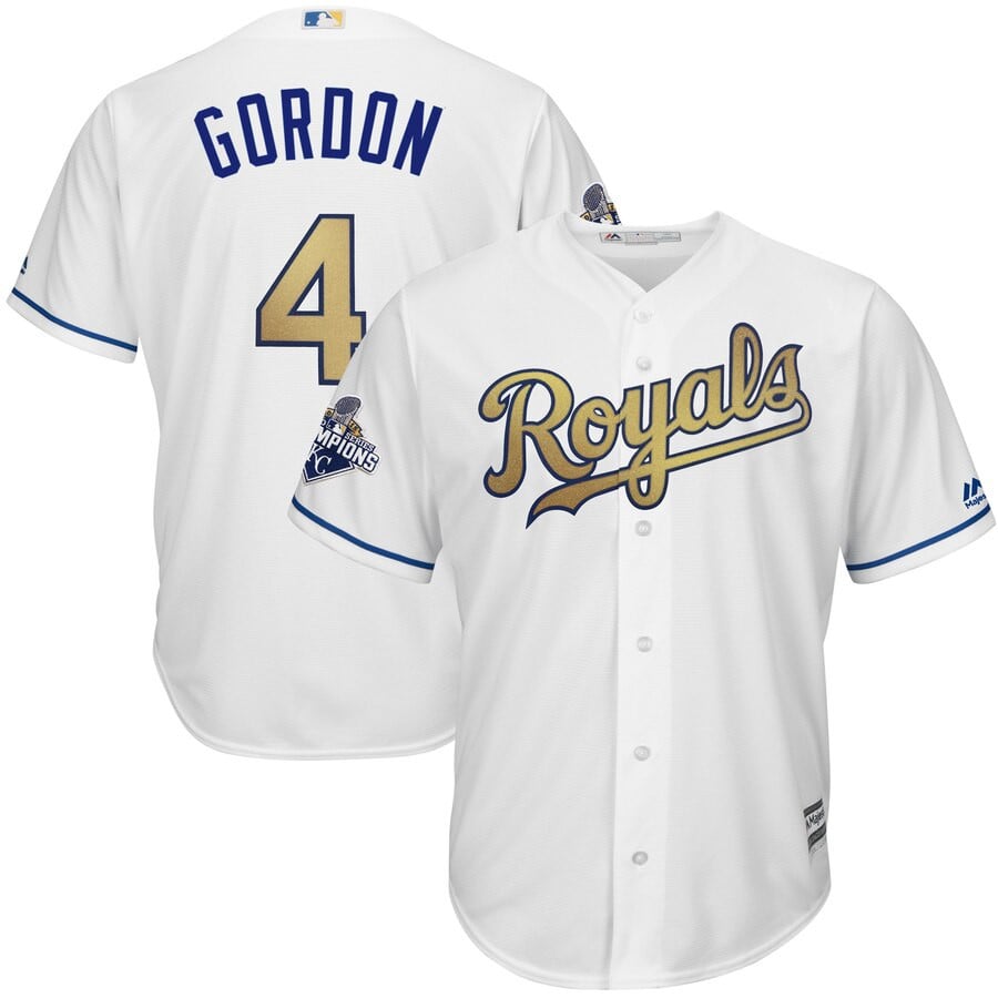 Alex Gordon Kansas City Royals Majestic World Series Champions Gold Program Cool Base Player Stitched Jersey – White