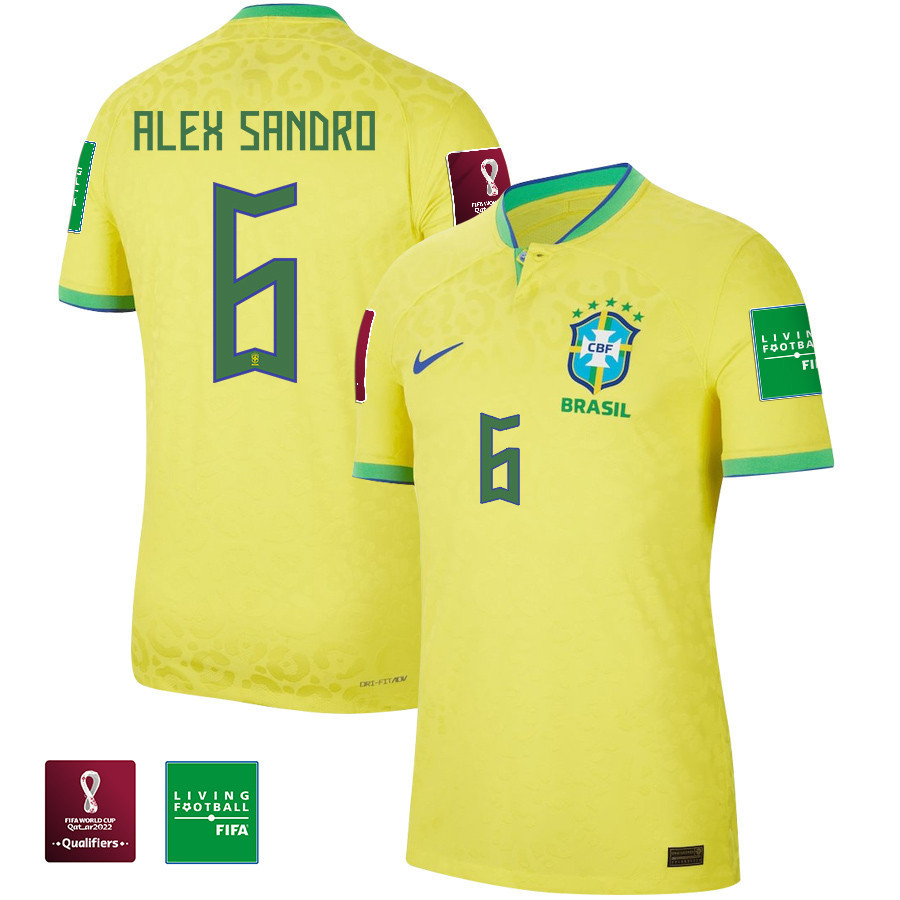 Alex Sandro 6 Brazil National Team FIFA World Cup Qatar 2022 Patch Men Home Yellow Soccer Jersey