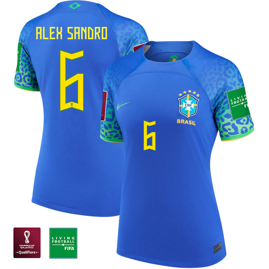 Alex Sandro 6 Women Brazil National Team FIFA World Cup Qatar 2022 Patch Away Soccer Jersey