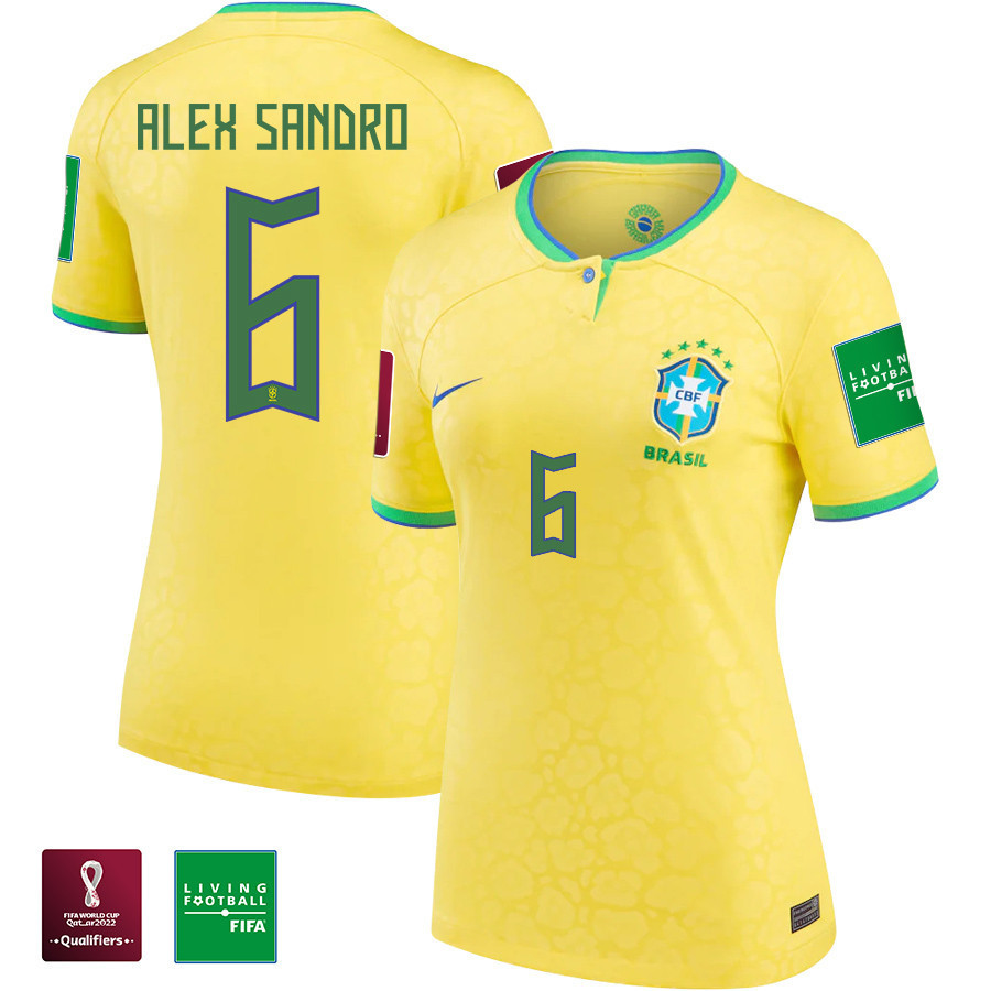 Alex Sandro 6 Women Brazil National Team FIFA World Cup Qatar 2022 Patch Home Soccer Jersey