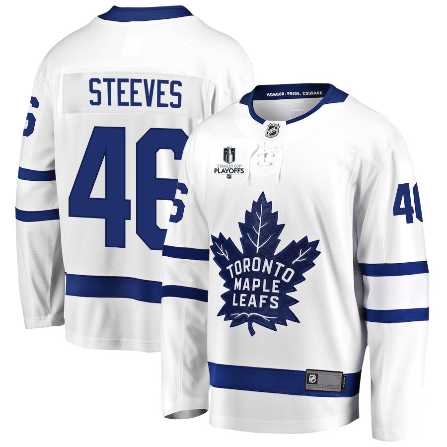 Alex Steeves 46 Toronto Maple Leafs Stanley Cup 2023 Playoffs Patch Away Breakaway Men Stitched Jersey – White