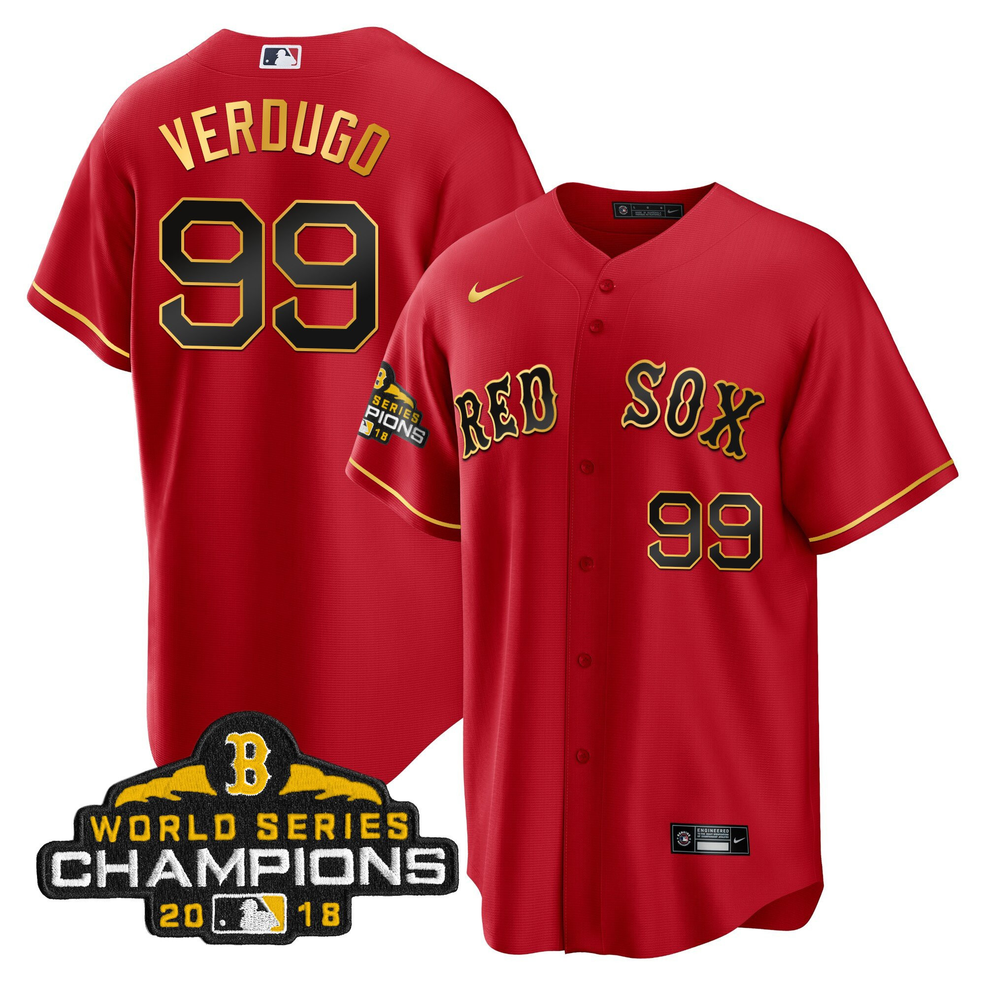 Alex Verdugo Men Boston Red Sox World Series Champion 2018 Gold Cool Red Jersey - All Stitched