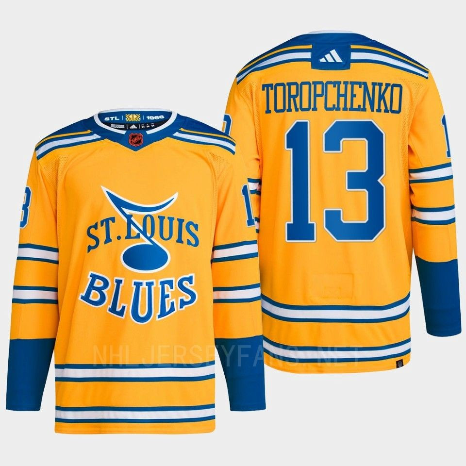 Alexei Toropchenko 13 Reverse Retro 2.0 2022 St. Louis Blues Yellow Stitched Jersey Primegreen