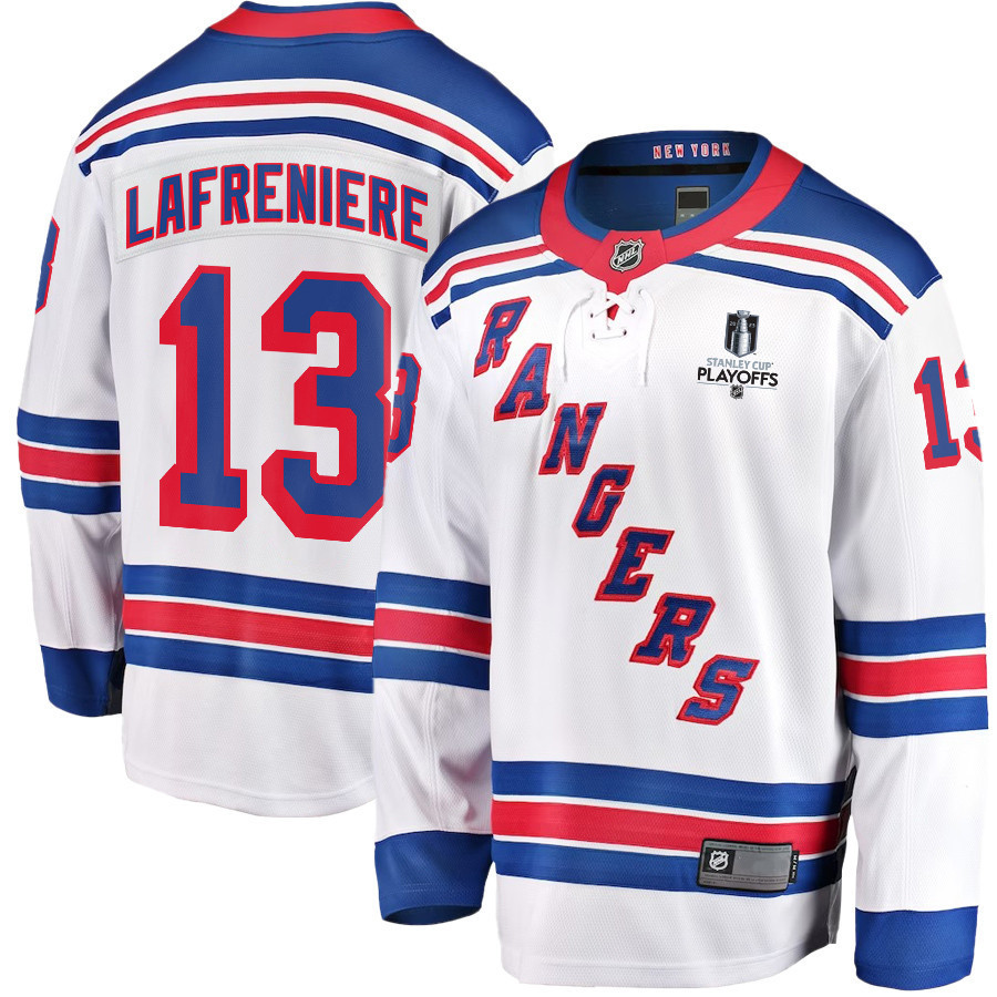 Alexis Lafreniere 13 New York Rangers Stanley Cup 2023 Playoffs Patch Away Breakaway Men Stitched Jersey – White