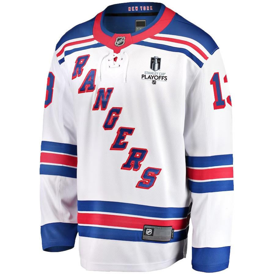 Alexis Lafreniere 13 New York Rangers Stanley Cup 2023 Playoffs Patch Away Breakaway Men Stitched Jersey – White