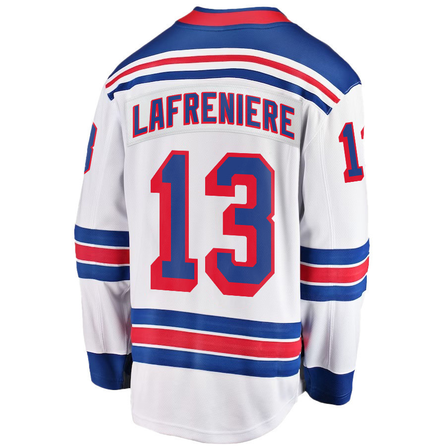 Alexis Lafreniere 13 New York Rangers Stanley Cup 2023 Playoffs Patch Away Breakaway Men Stitched Jersey – White
