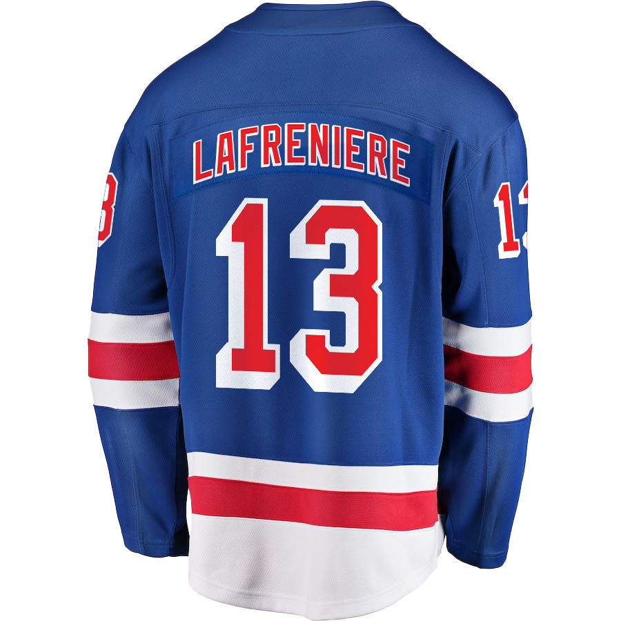 Alexis Lafreniere 13 New York Rangers Stanley Cup 2023 Playoffs Patch Home Breakaway Men Stitched Jersey – Blue