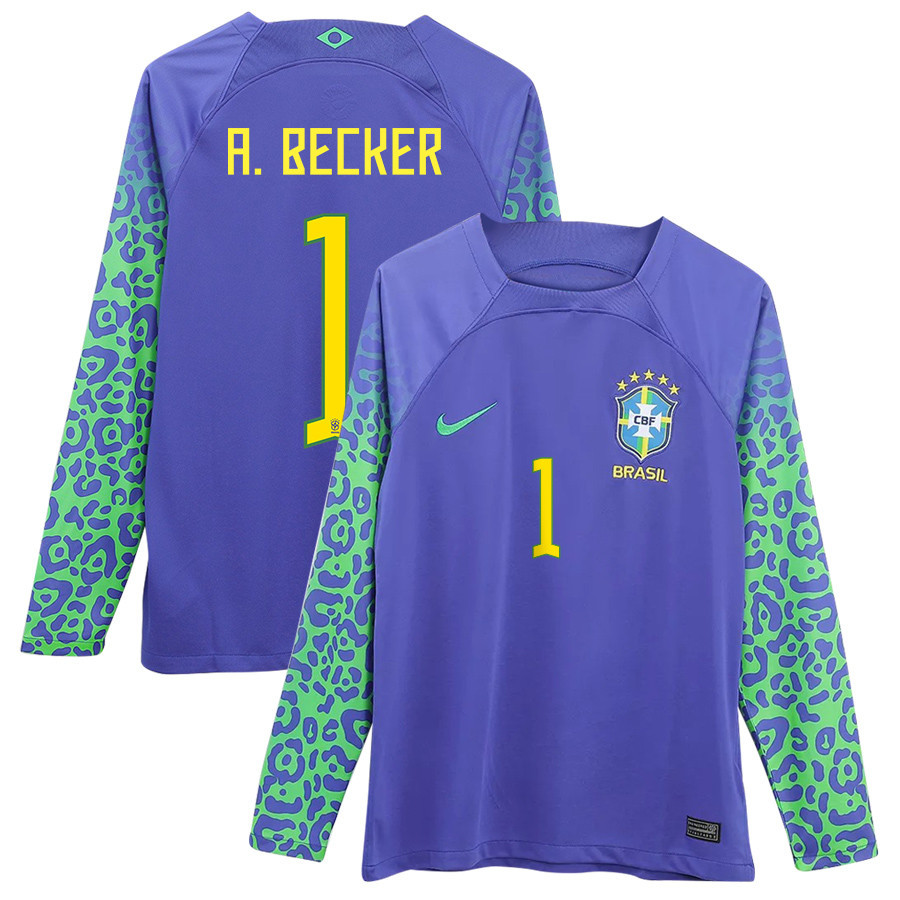 Alisson Becker 1 Brazil 2022-23 Away Men Long Sleeve Soccer Jersey National Team World Cup Qatar
