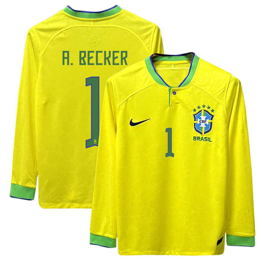 Alisson Becker 1 Brazil 2022-23 Home Men Long Sleeve Soccer Jersey National Team World Cup Qatar