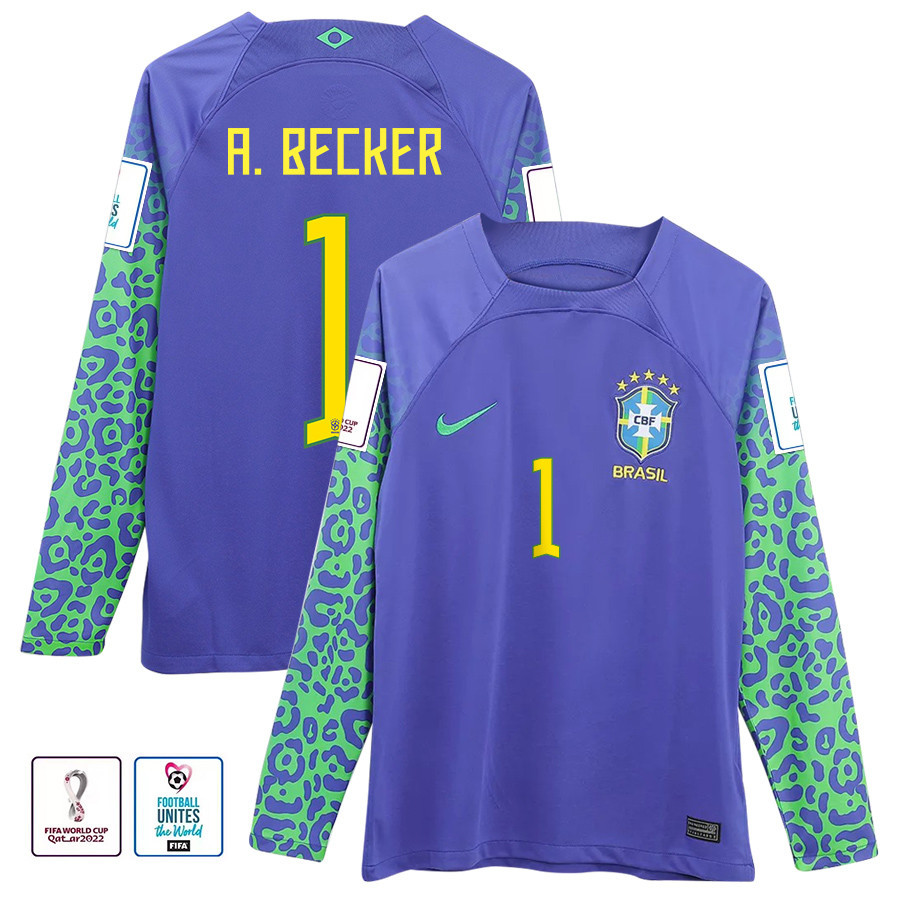 Alisson Becker 1 Brazil 2022-23 Patch Away Men Long Sleeve Soccer Jersey National Team World Cup Qatar
