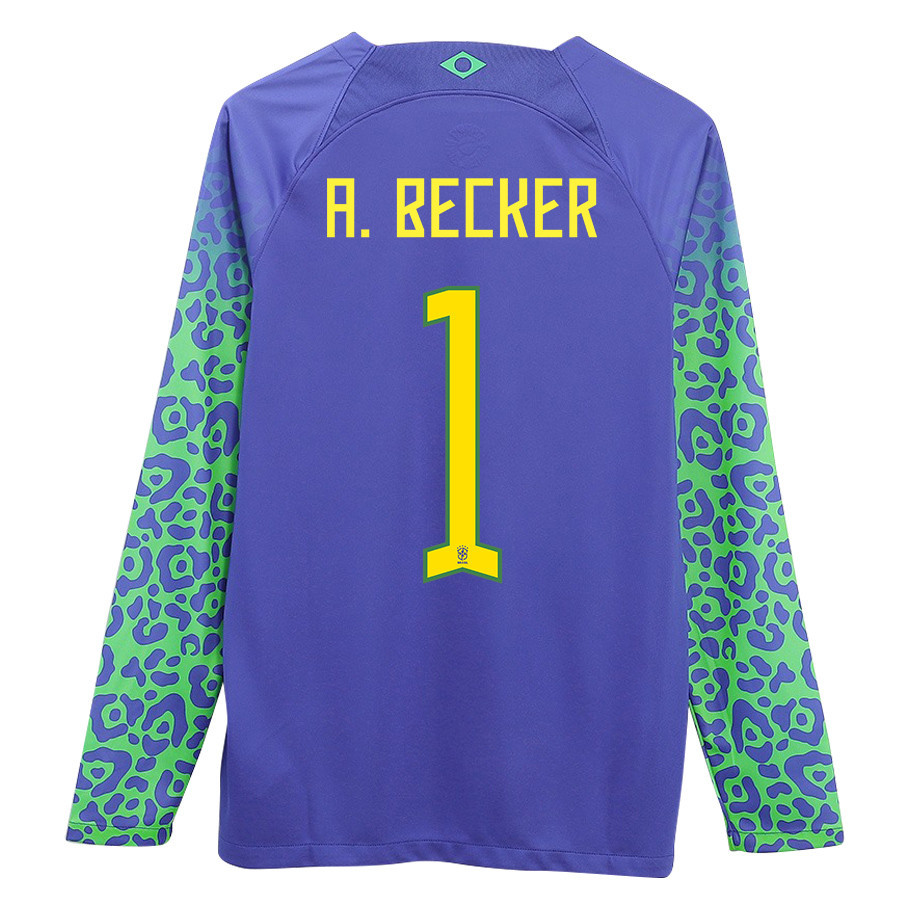 Alisson Becker 1 Brazil 2022-23 Patch Away Men Long Sleeve Soccer Jersey National Team World Cup Qatar