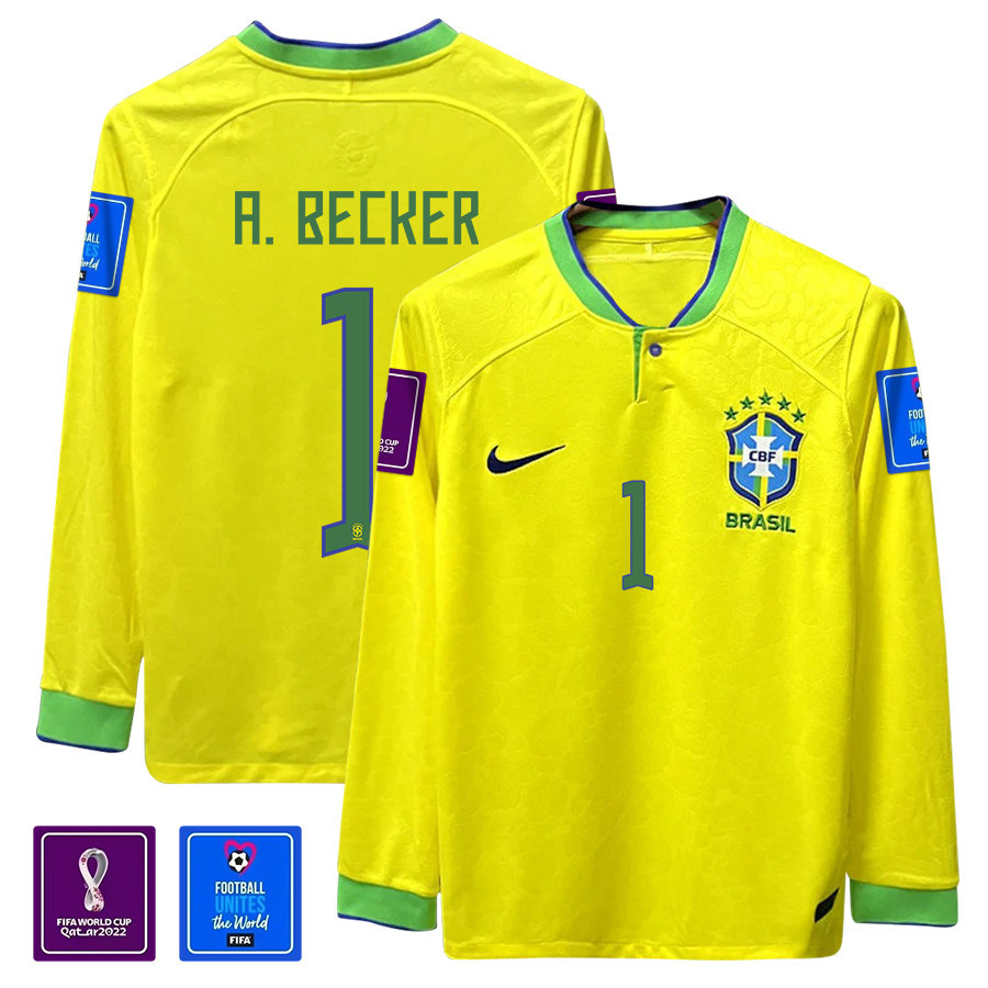 Alisson Becker 1 Brazil 2022-23 Patch Home Men Long Sleeve Soccer Jersey National Team World Cup Qatar