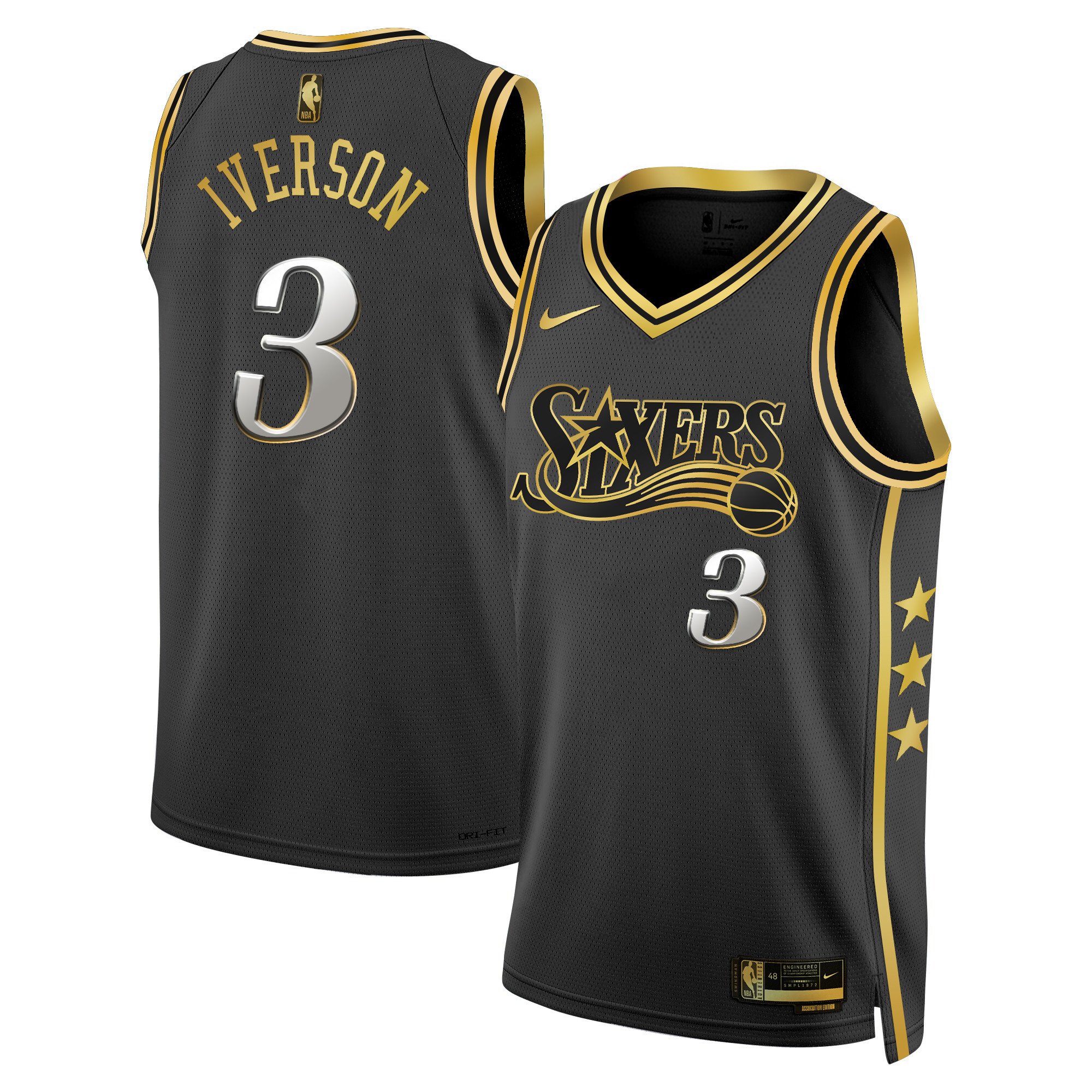 Allen Iverson Men's Philadelphia 76ers Swingman Black Gold Jersey - All Stitched