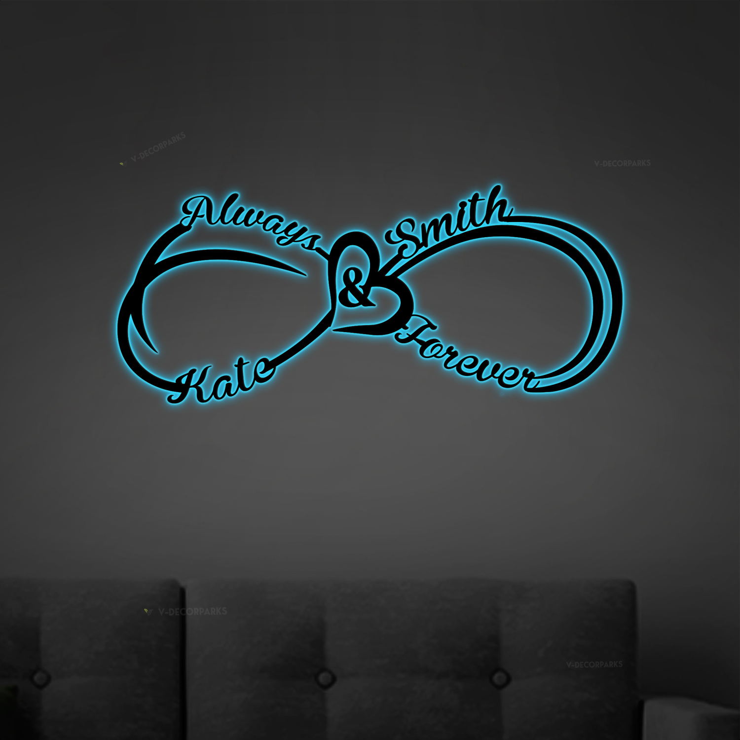 Always & Forever Personalized Names Infinity Heart Metal Sign With Led Lights, Valentine Wall Art For Couples, Newly Engaged Gifts
