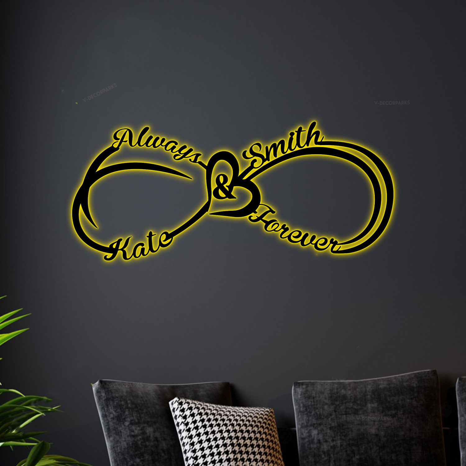 Always & Forever Personalized Names Infinity Heart Metal Sign With Led Lights, Valentine Wall Art For Couples, Newly Engaged Gifts