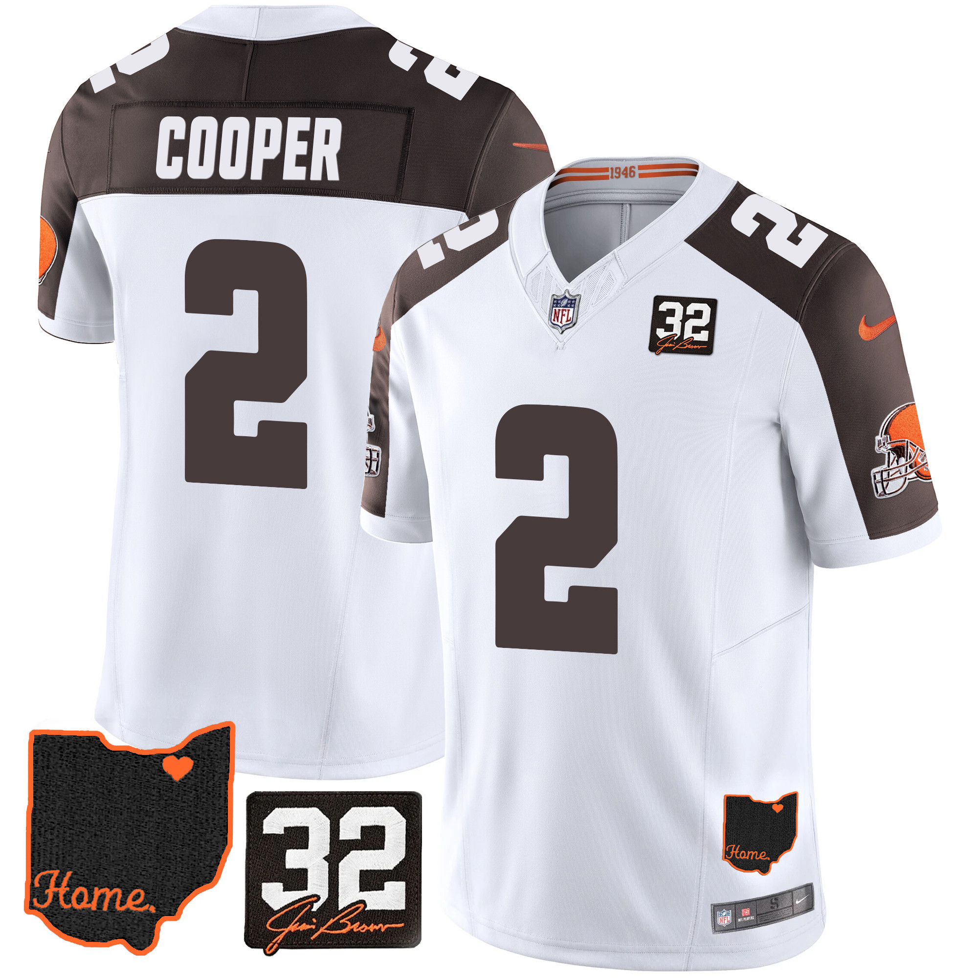 Amari Cooper Men's Cleveland Browns #32 Jim Brown Memorial & Home Patch V3 Inverted Jersey - All Stitched