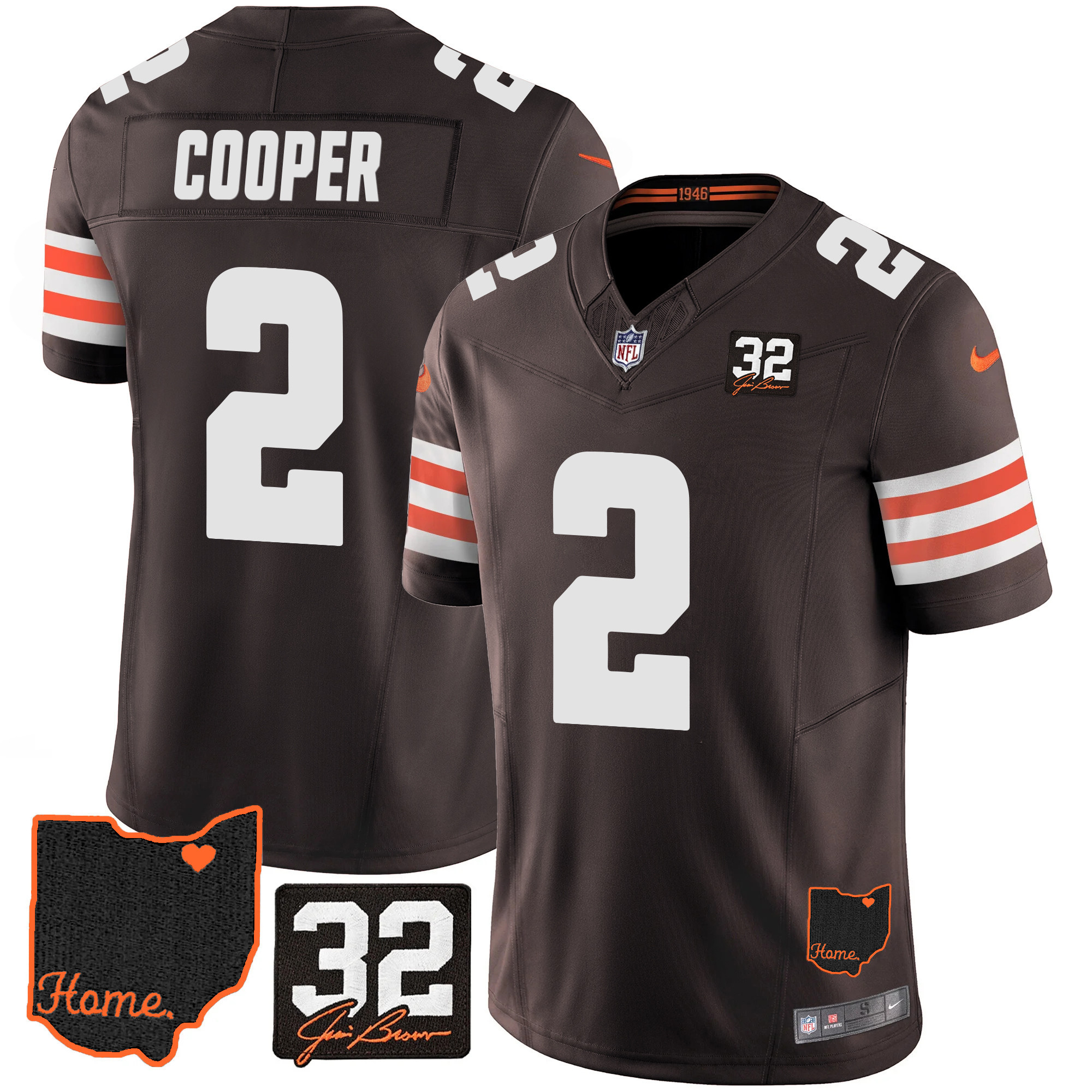 Amari Cooper Men's Cleveland Browns #32 Jim Brown Memorial & Home Patch V3 Jersey - All Stitched