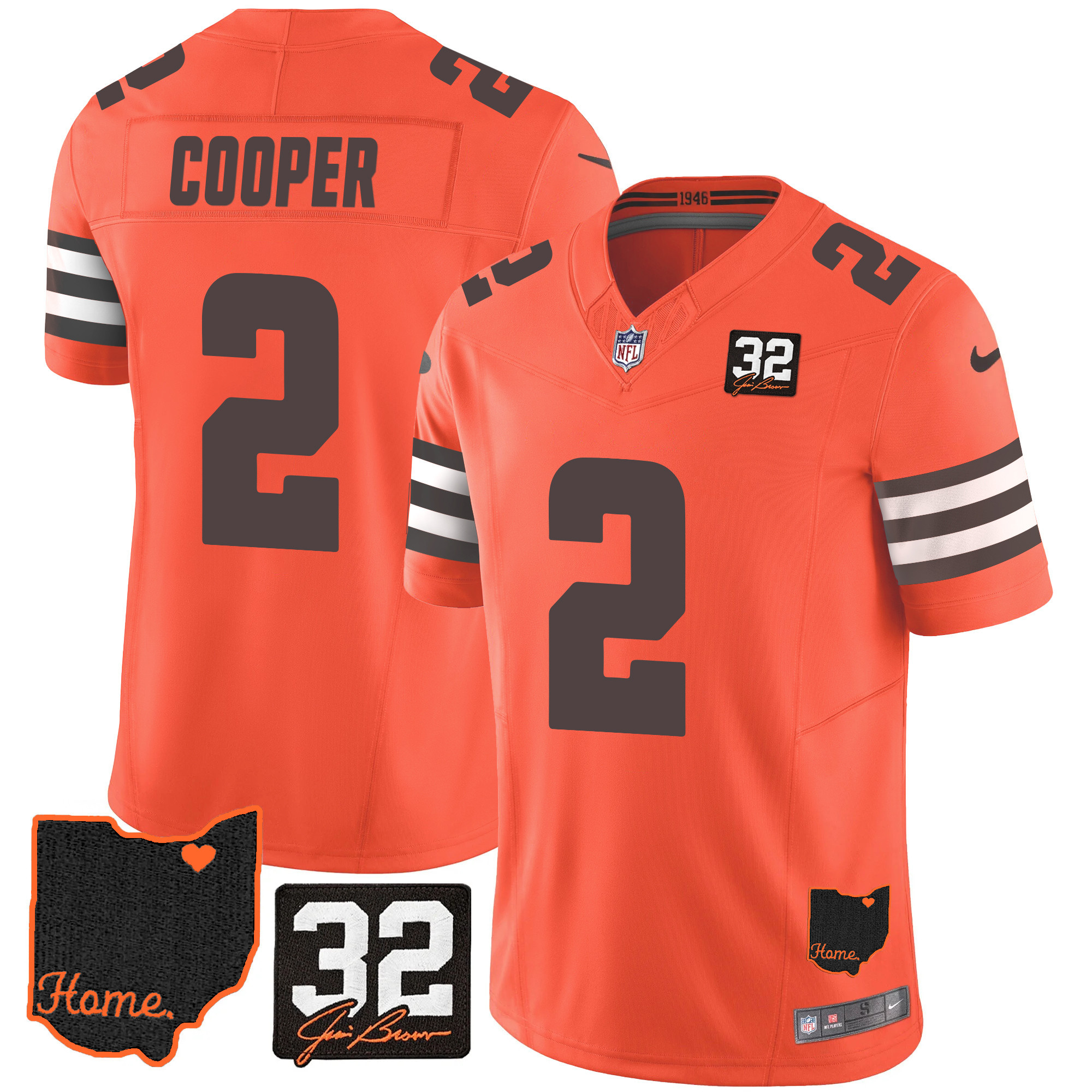 Amari Cooper Men's Cleveland Browns #32 Jim Brown Memorial & Home Patch V3 Orange Jersey - All Stitched