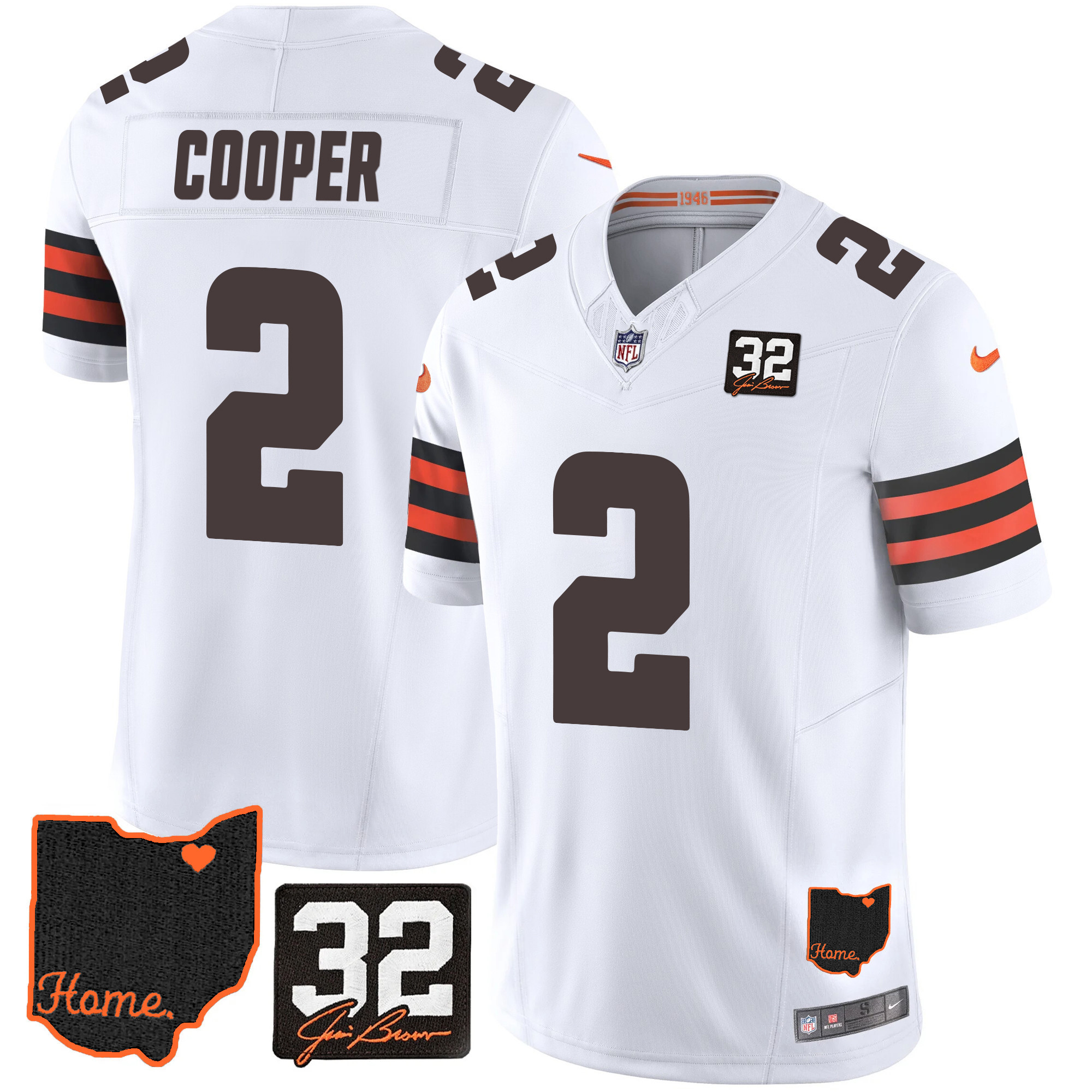 Amari Cooper Men's Cleveland Browns #32 Jim Brown Memorial & Home Patch V3 White Jersey - All Stitched