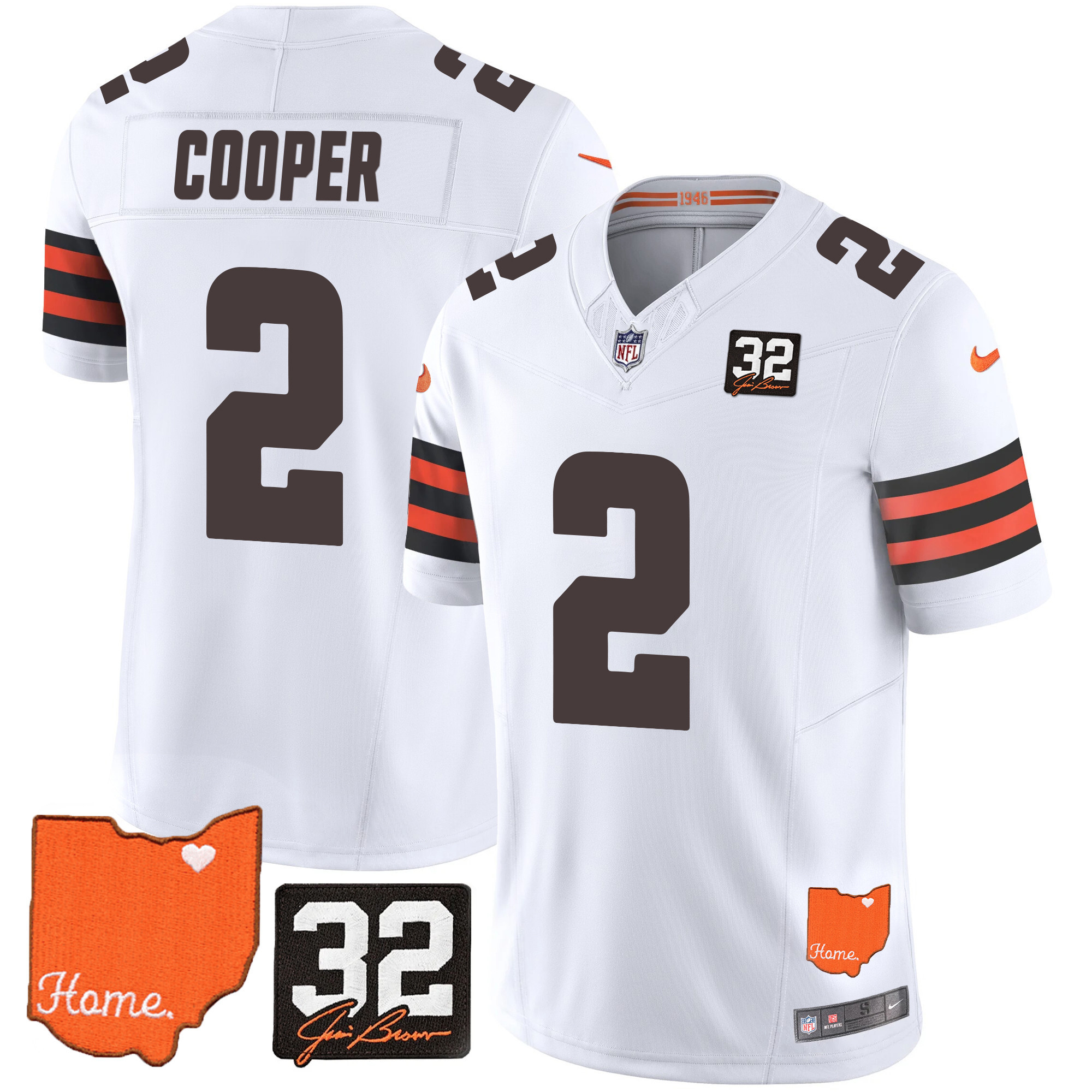 Amari Cooper Men's Cleveland Browns #32 Jim Brown Memorial & Home Patch White Jersey - All Stitched