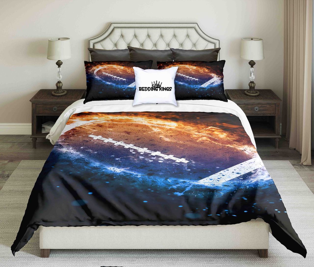 American Football Ball On Fire On Dark Background Kings 3D Customized Duvet Cover Bedding Set