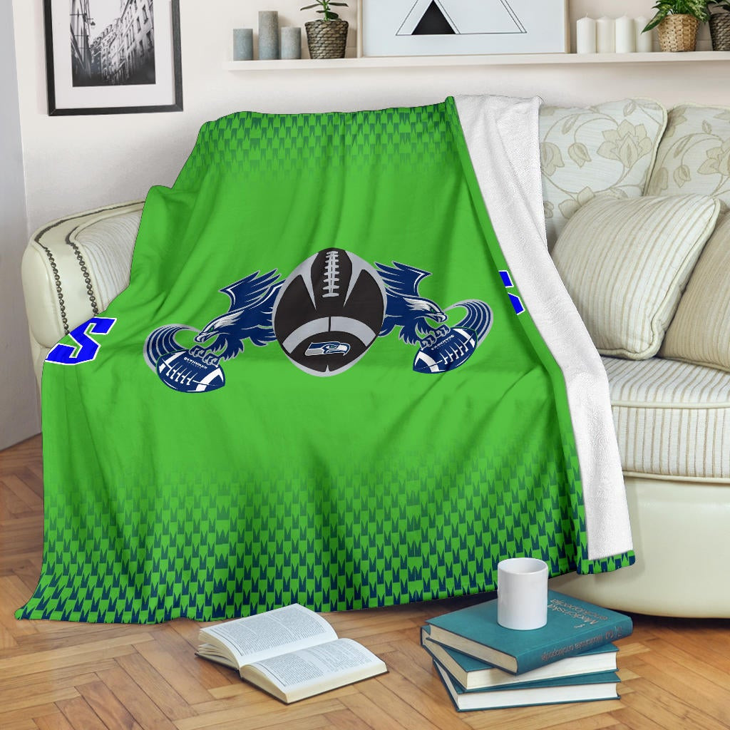 American Football Team Fleece Blanket Seattle Seahawks With Wings Rugby Balls Green Fleece Blankets