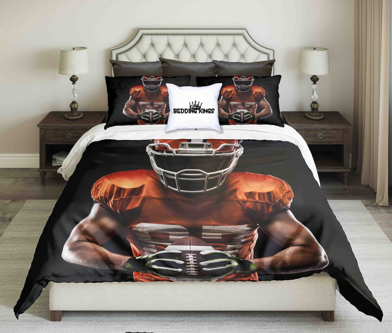 American Footballer In Orange Tshirt On Black Background Kings 3D Customized Duvet Cover Bedding Set