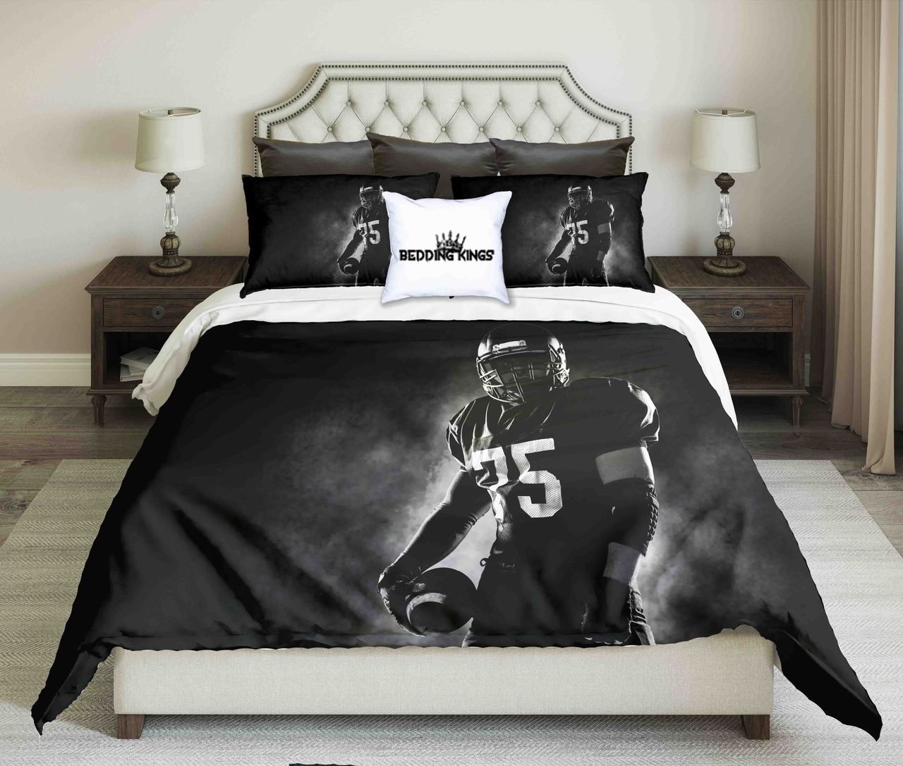 American Footballer On Black Background Kings 3D Customized Duvet Cover Bedding Set