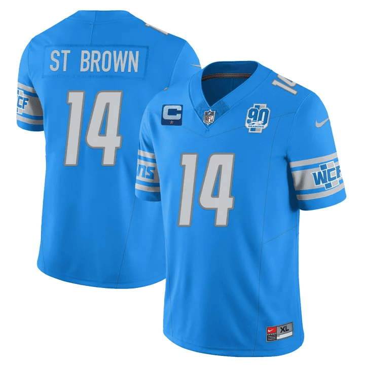 Amon-Ra St. Brown Men’s Detroit Lions 90th Year Patch Vapor Blue Jersey - All Stitched 
