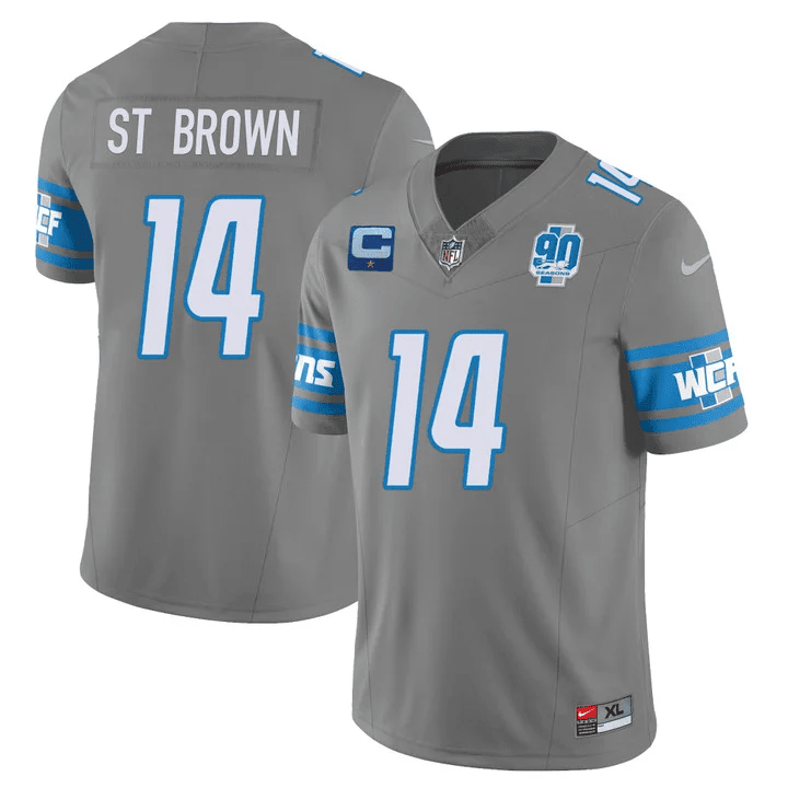 Amon-Ra St. Brown Men’s Detroit Lions 90th Year Patch Vapor Gray Jersey - All Stitched 