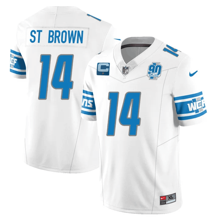 Amon-Ra St. Brown Men’s Detroit Lions 90th Year Patch Vapor White Jersey - All Stitched 