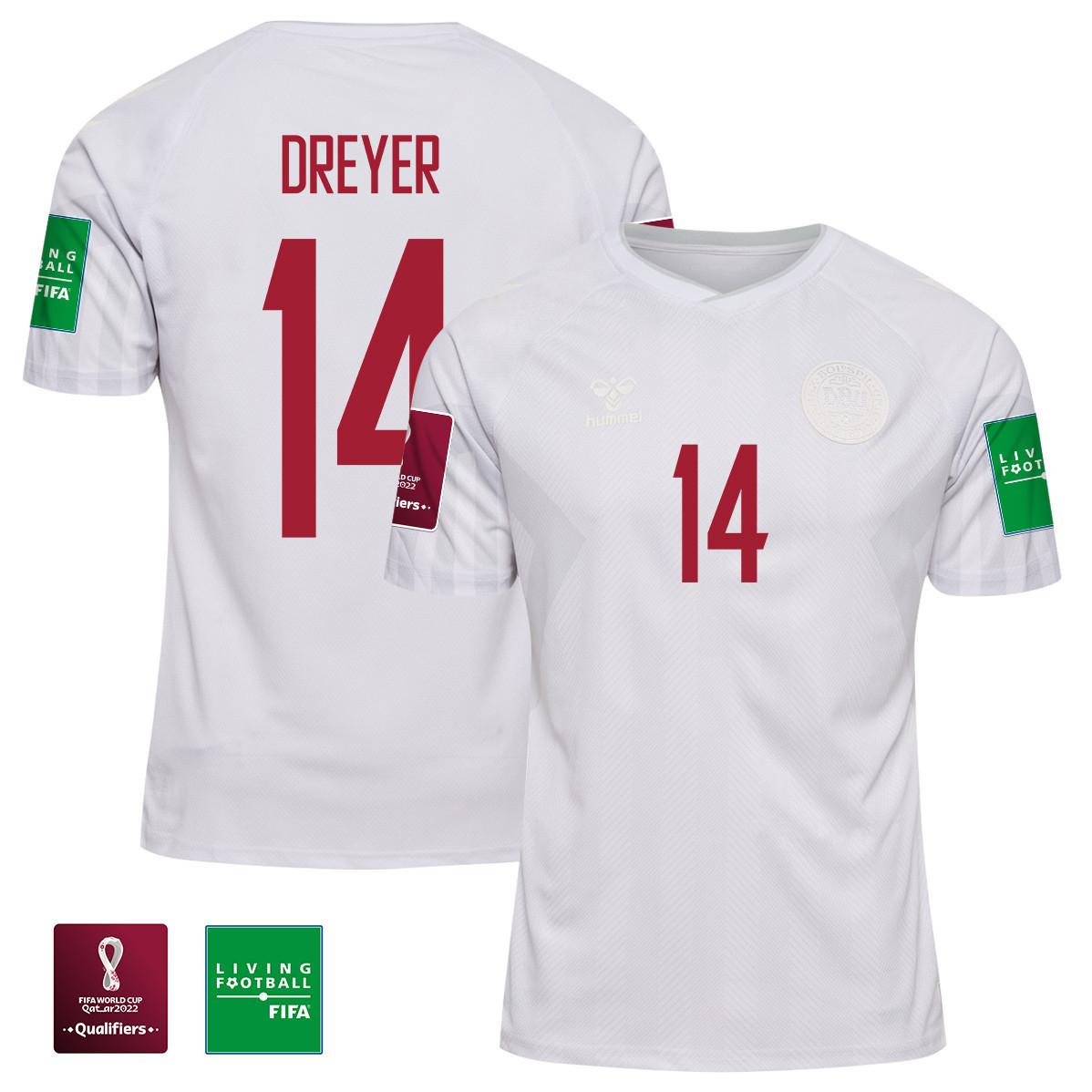 Anders Dreyer 14 Denmark National Team FIFA World Cup Qatar 2022 Patch Away Soccer Jersey, Men