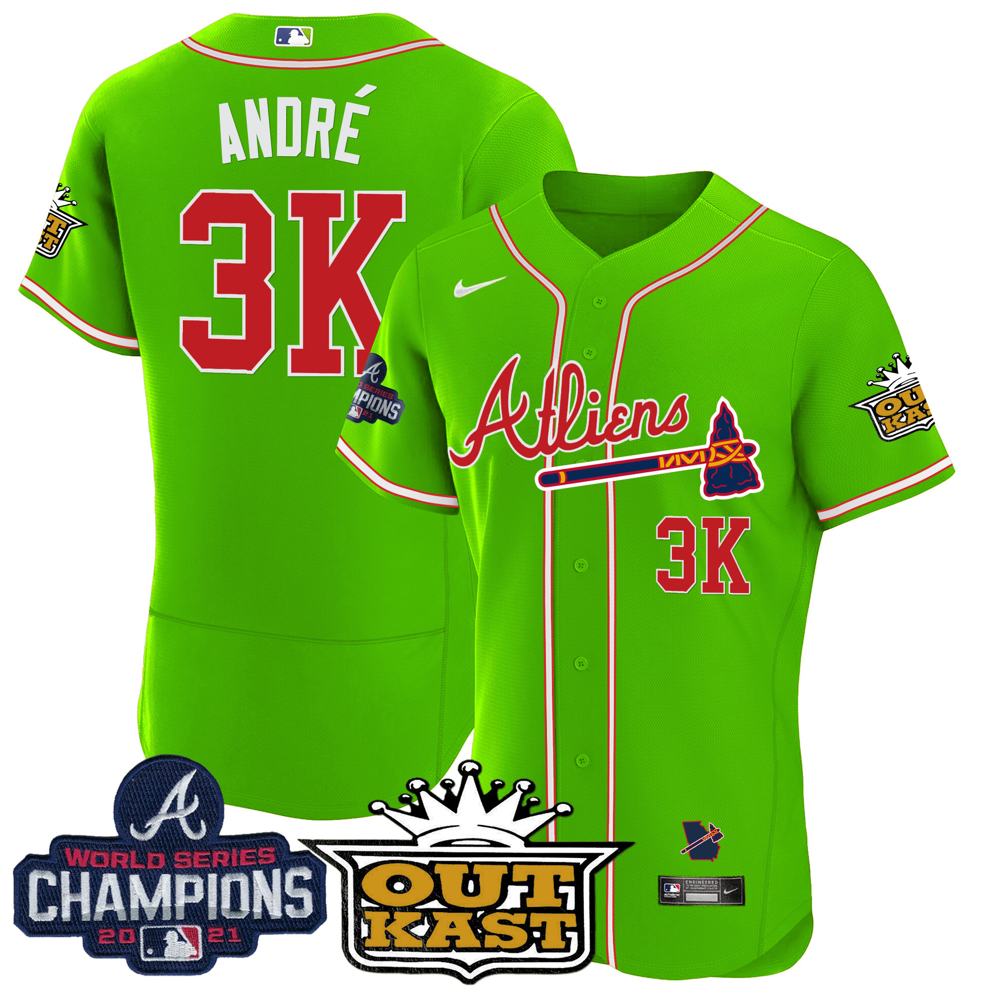André Men's Atlanta Braves Atliens Champions Flex Base Bright Green Jersey - All Stitched