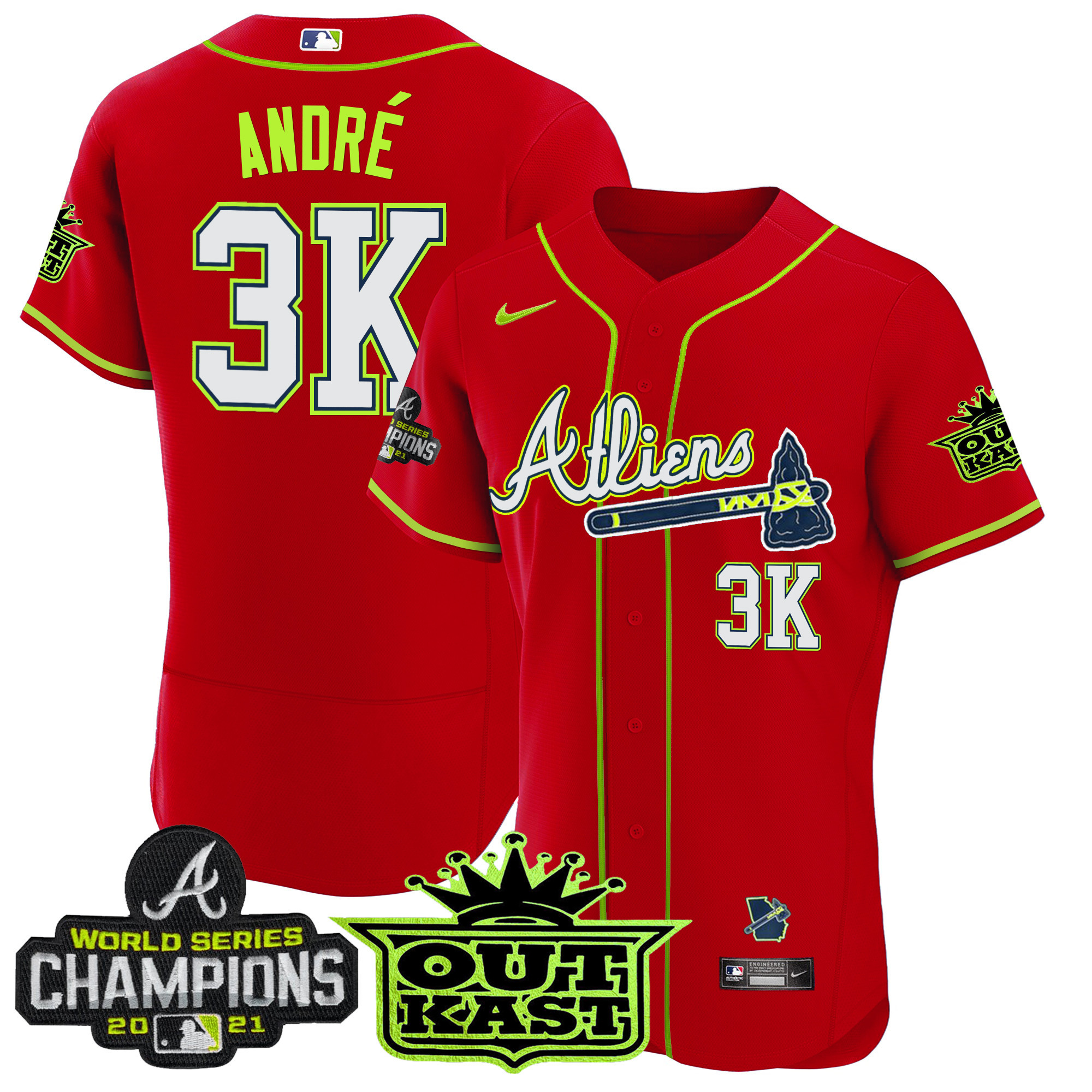 André Men's Atlanta Braves Atliens Champions Flex Base Red Jersey - All Stitched