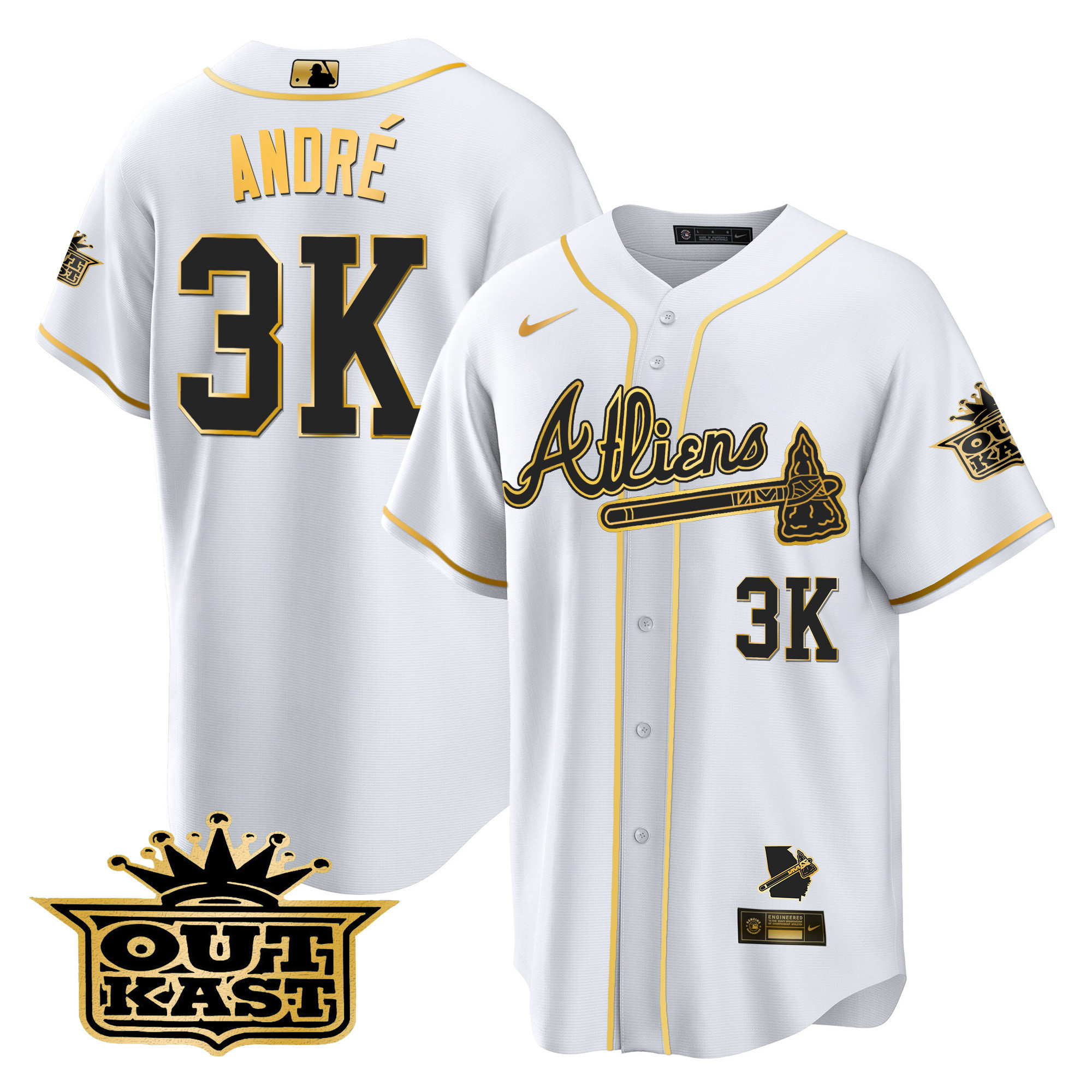 André Men's Atlanta Braves Atliens Cool Base V2 White Gold Jersey - All Stitched