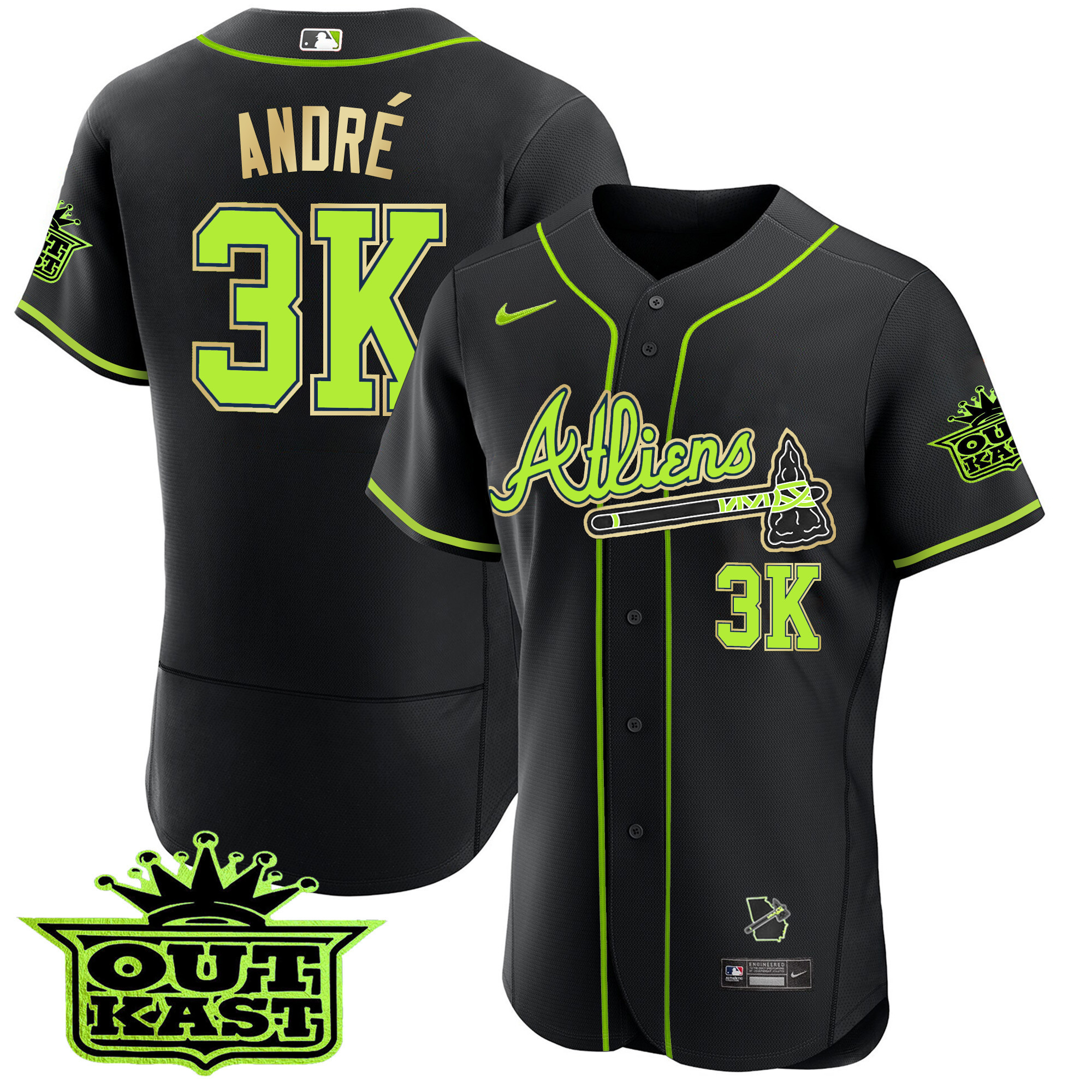 André Men's Atlanta Braves Atliens Flex Base Gold Trim Black Jersey - All Stitched