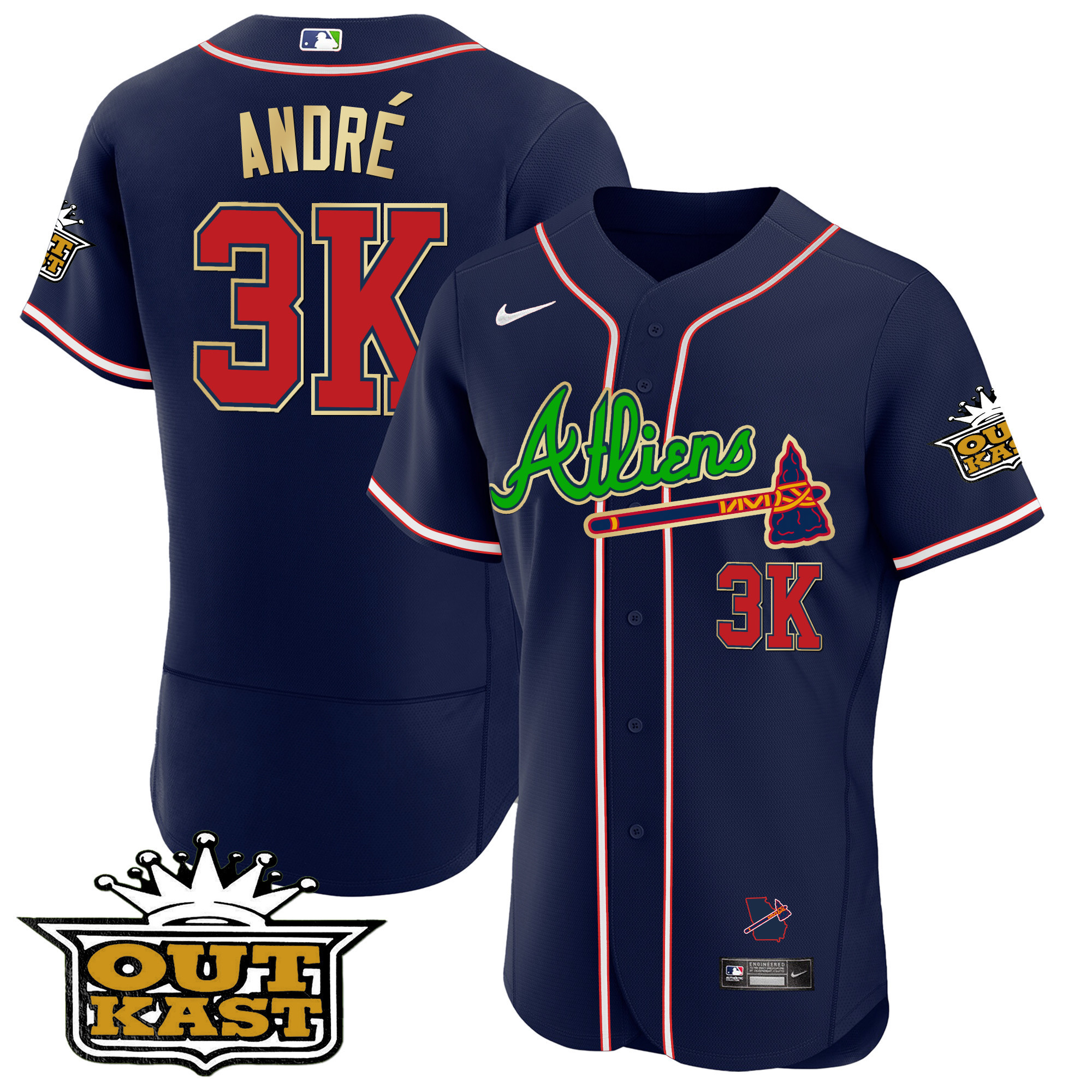 André Men's Atlanta Braves Atliens Flex Base Gold Trim Navy Jersey - All Stitched